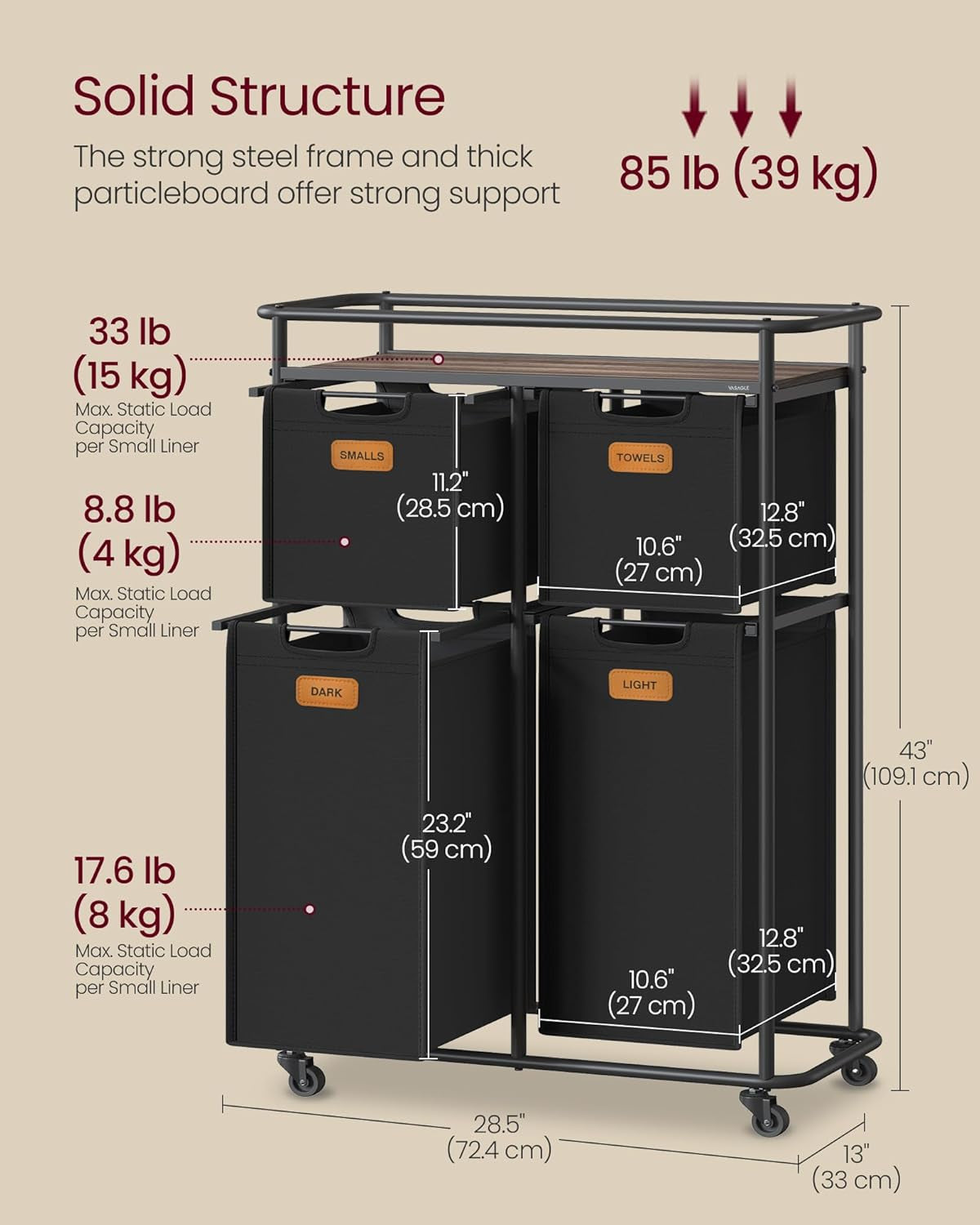 Laundry Sorter, Laundry Hamper with Wheels, 39.6 Gal. (150 L) Portable Rolling Cart Baskets with Shelf, 4 Removable Liners and 6 Labels, Ink Black and Chestnut Brown URLS100B01