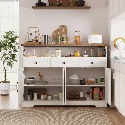 51" Farmhouse Buffet Sideboard Cabinet with Storage, White Kitchen Storage Pantry Cabinet with Drawers, Wood Cupboard Hutch, Coffee Bar Station Table for Kitchen, Living Room, Dining Room