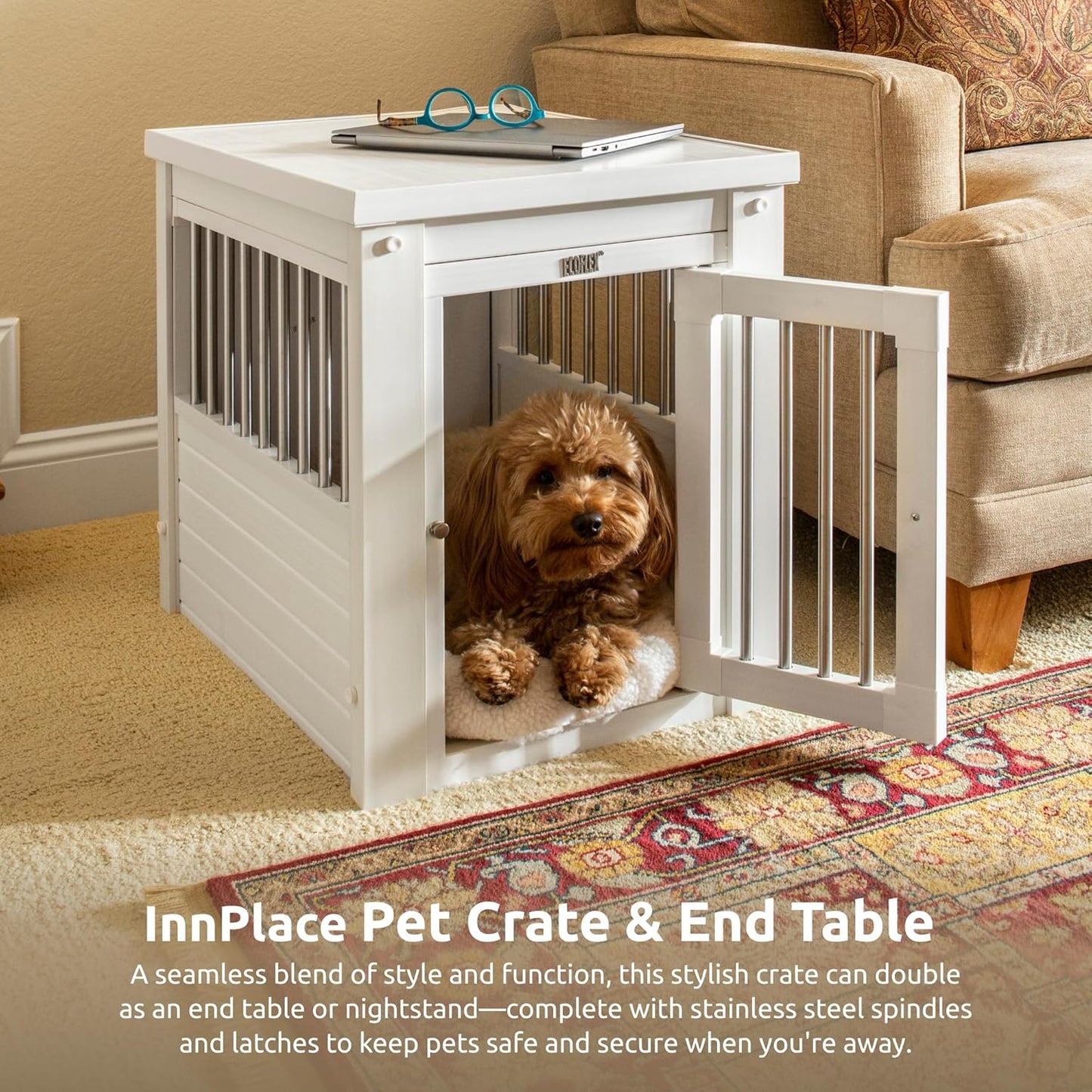 ECOFLEX Dog Crate Furniture End Table, Durable Wood-Plastic Composite, Stainless Steel Latch, Easy Assembly, Ideal for Dogs up to 20Lbs, Antique White Small