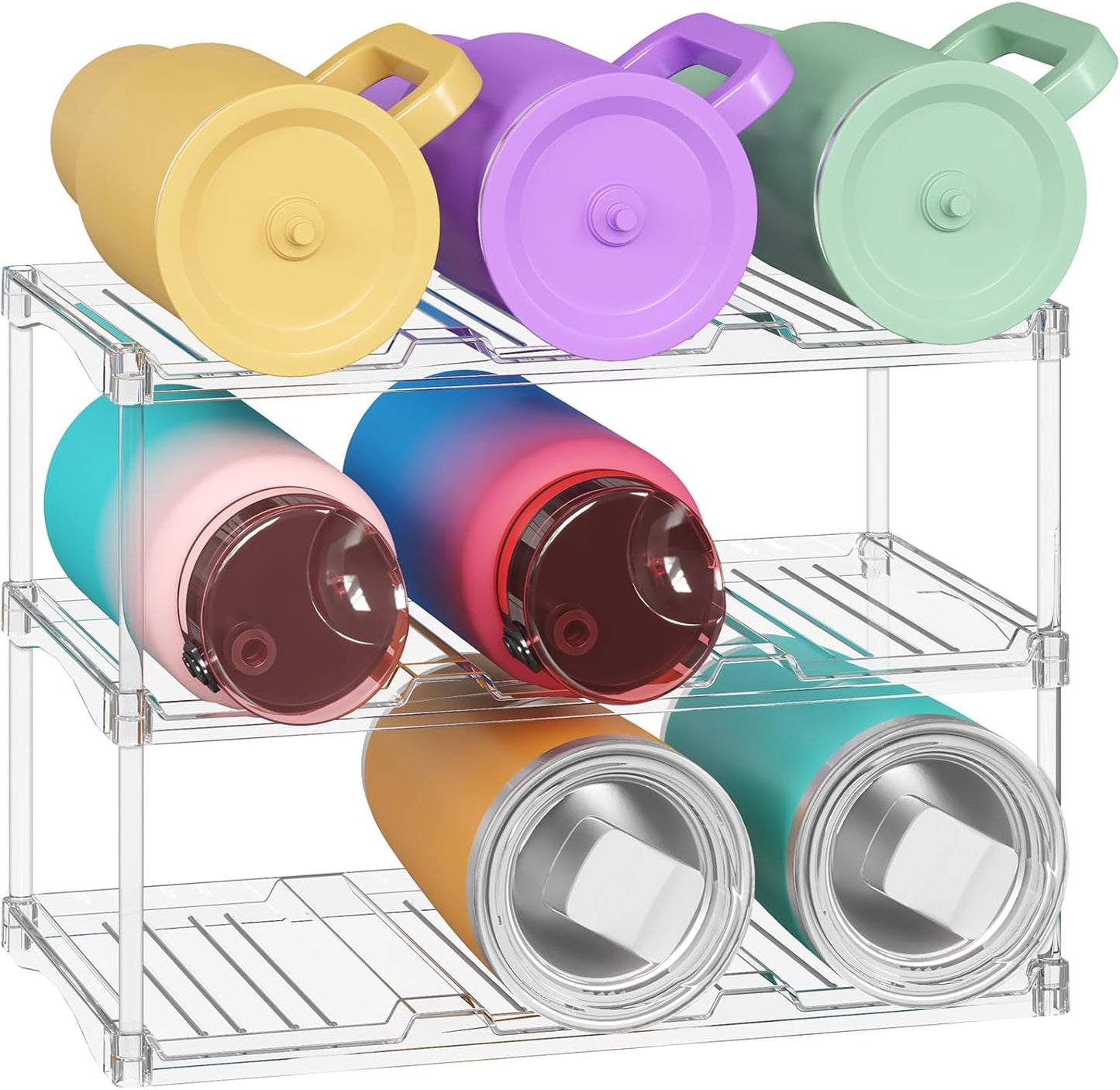 Stackable Water Bottle Storage Organizer, Clear Freestanding Wine Bottle Holder for Cabinet, Tumbler Cup Organizer, Plastic Large Compartment Wine Rack for Fridge Cellar, 3Tier Hold 9