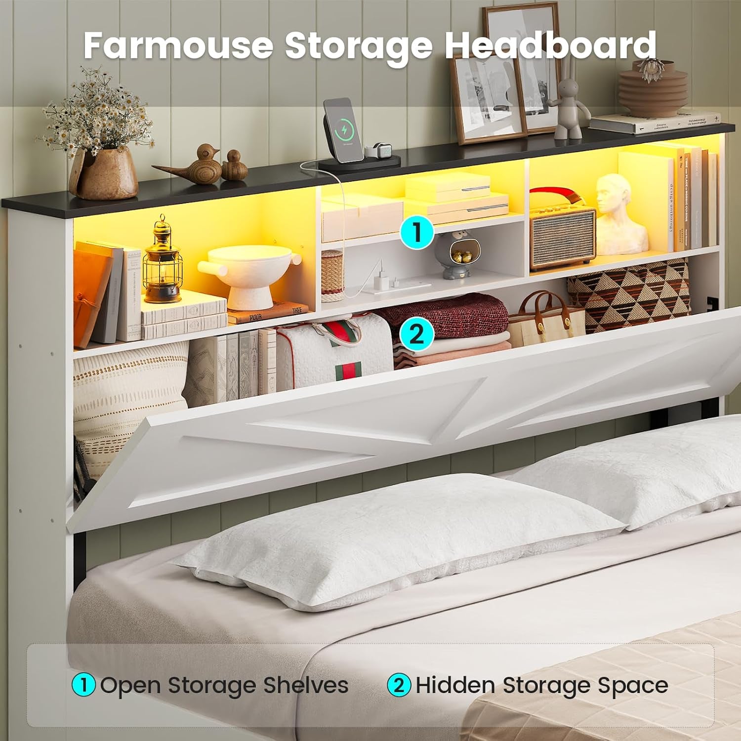 Farmhouse Queen Bed Frame with 4 Storage Drawers and Led Lights, Wooden Bed Frame Queen Size with Hidden Space Bookcase Headboard and Led Lights & Metal Slats, White