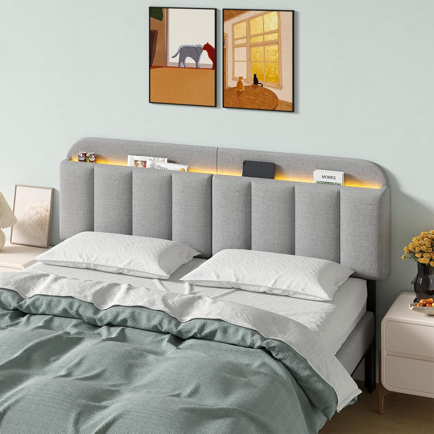 Adjustable Headboard for King/California King Size Bed Frame, Linen Fabric Bed Headboard with Storage & RGB LED Light in Modern Vertical Channel Design, Light Grey