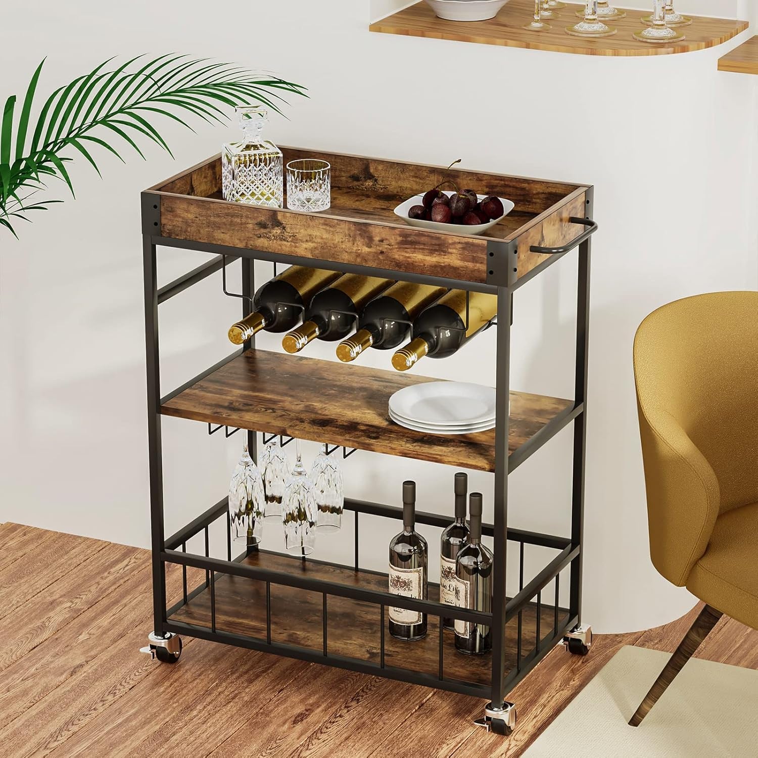 Bar Cart Serving Wine 3 Tier Home Rolling Rack with Wheels Mobile Kitchen Industrial Vintage Style Wood Metal Serving Trolley Serving Cart,Glass Holder Bar Cabinet