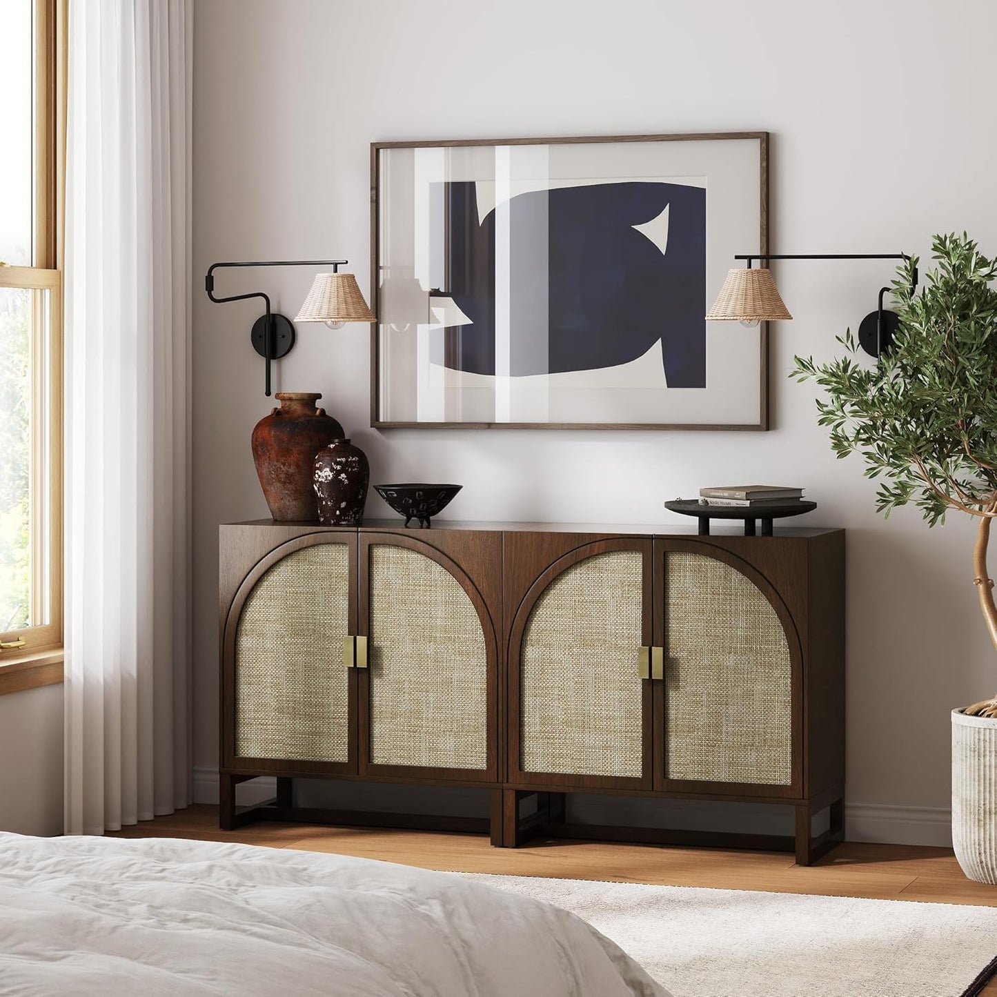 Paxton Boho Wood Storage Cabinet with Doors, Small Storage Cabinet for Living Room or Kitchen with Rattan Door Details, Dark Walnut