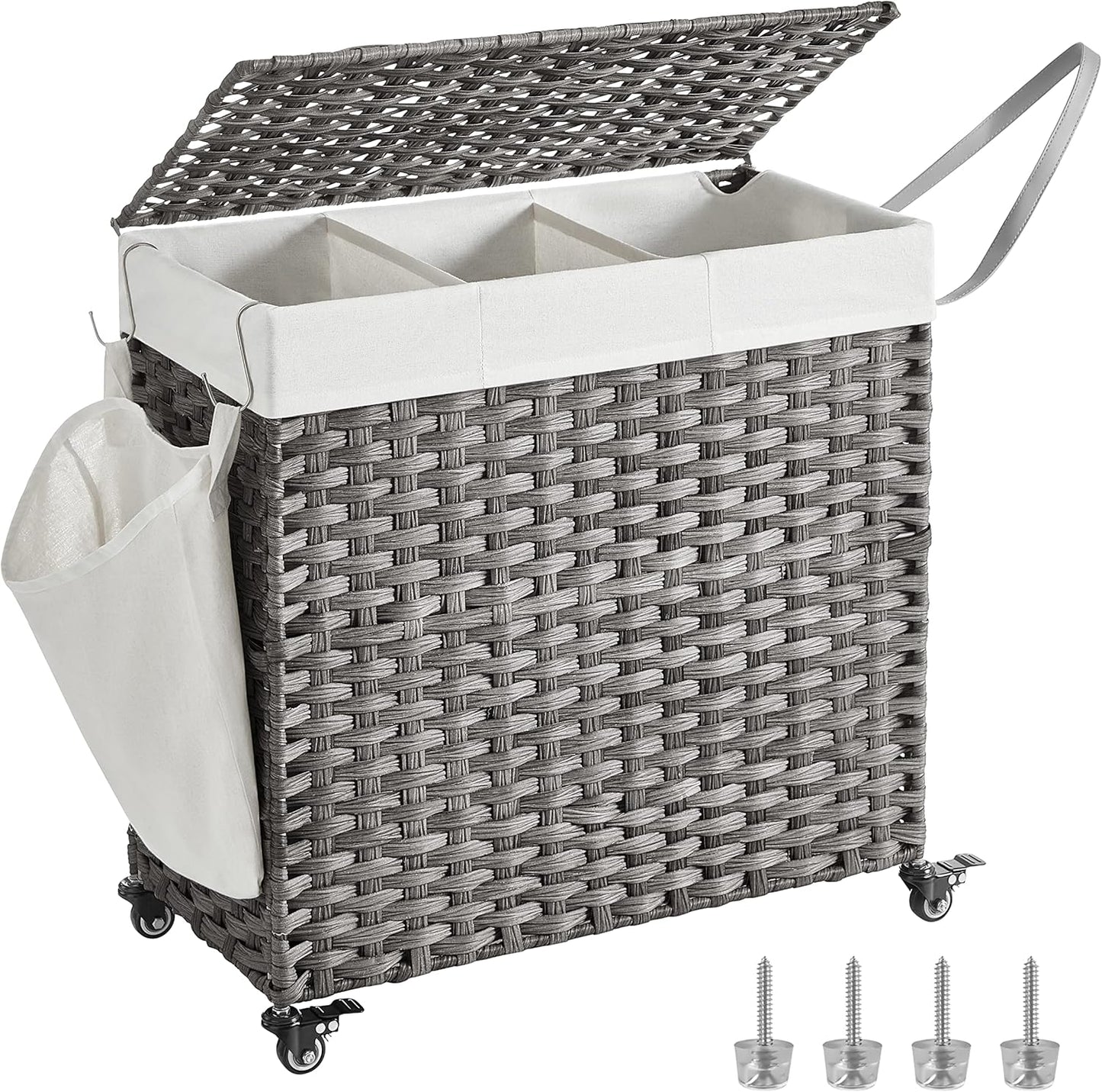Laundry Hamper with Lid, 42.3 Gallons (160 L), Rolling Laundry Basket with Wheels, 3-Section Synthetic Rattan, Removable Liner, Bedroom, 27.6 X 14.2 X 26 Inches, Natural ULCB365N01