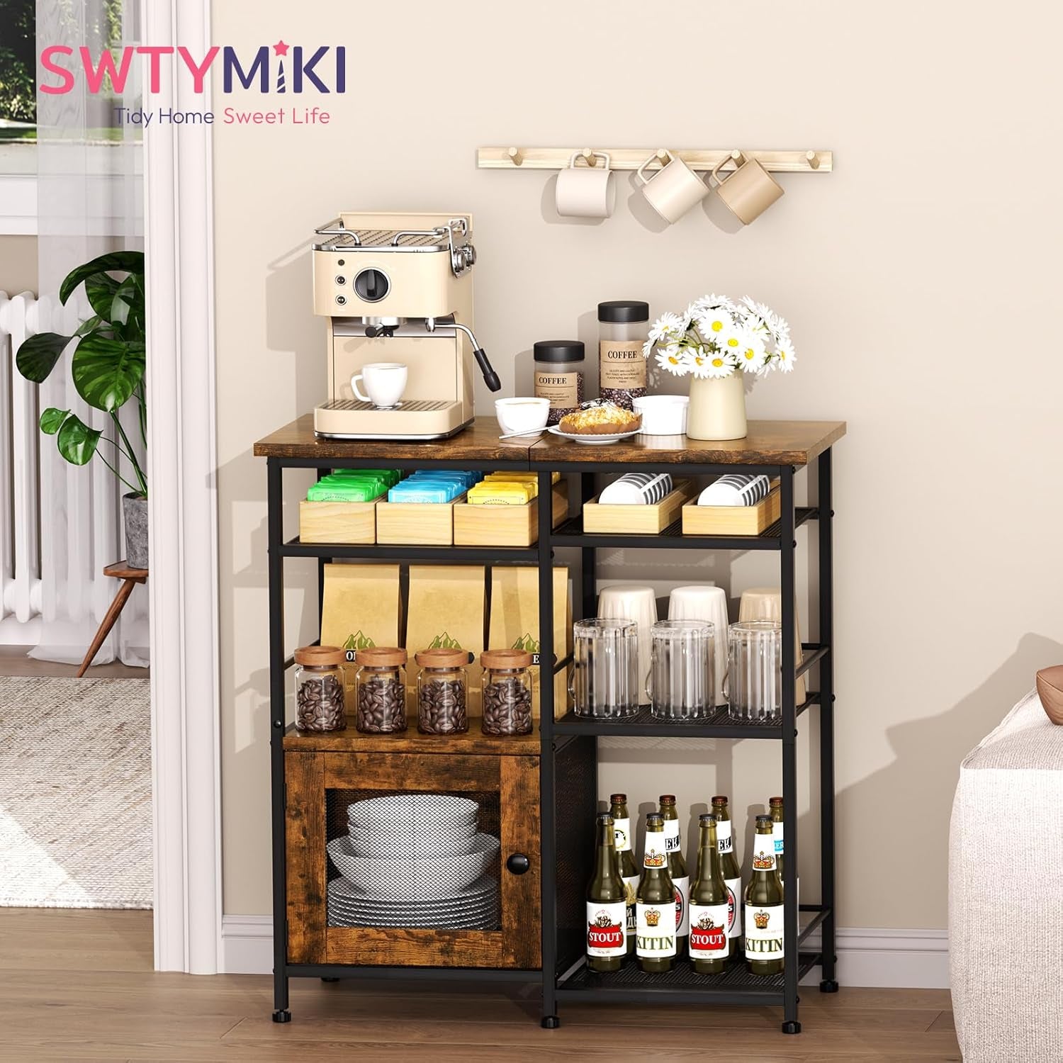 Coffee Bar Cabinet Station - Farmhouse Small Coffee Stand Station with Doors, Rustic Storage Organizer for Kitchen, Buffet Sideboard Cabinet Table for Home, Office, Corner, Bar, Espresso