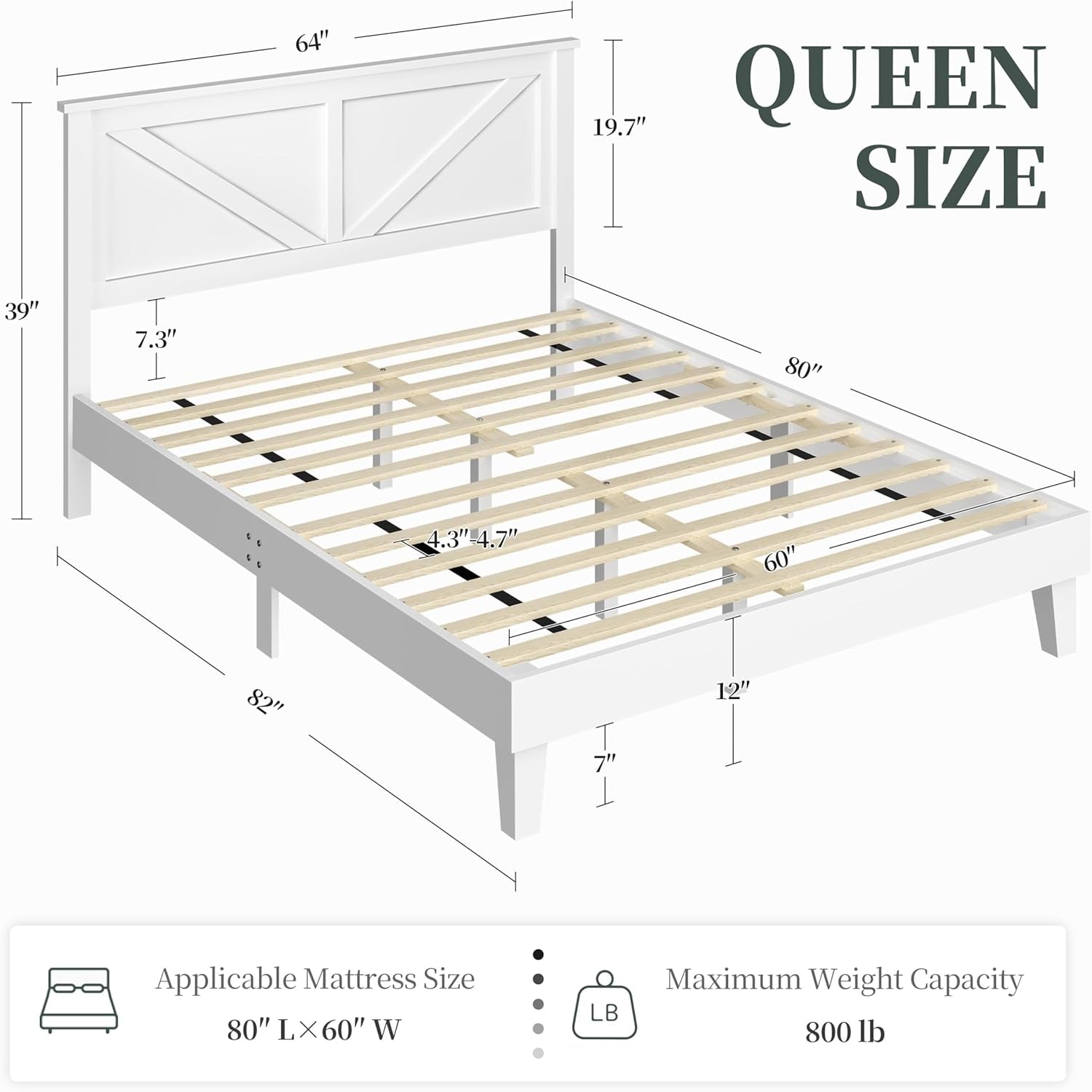 Wood Bed Queen, Farmhouse White Rubberwood Platform Bed Frame with V-Designed Headboard, Sturdy Wooden Support Slats, Holds up to 800 Pounds, Noise-Free, Easy Assembly