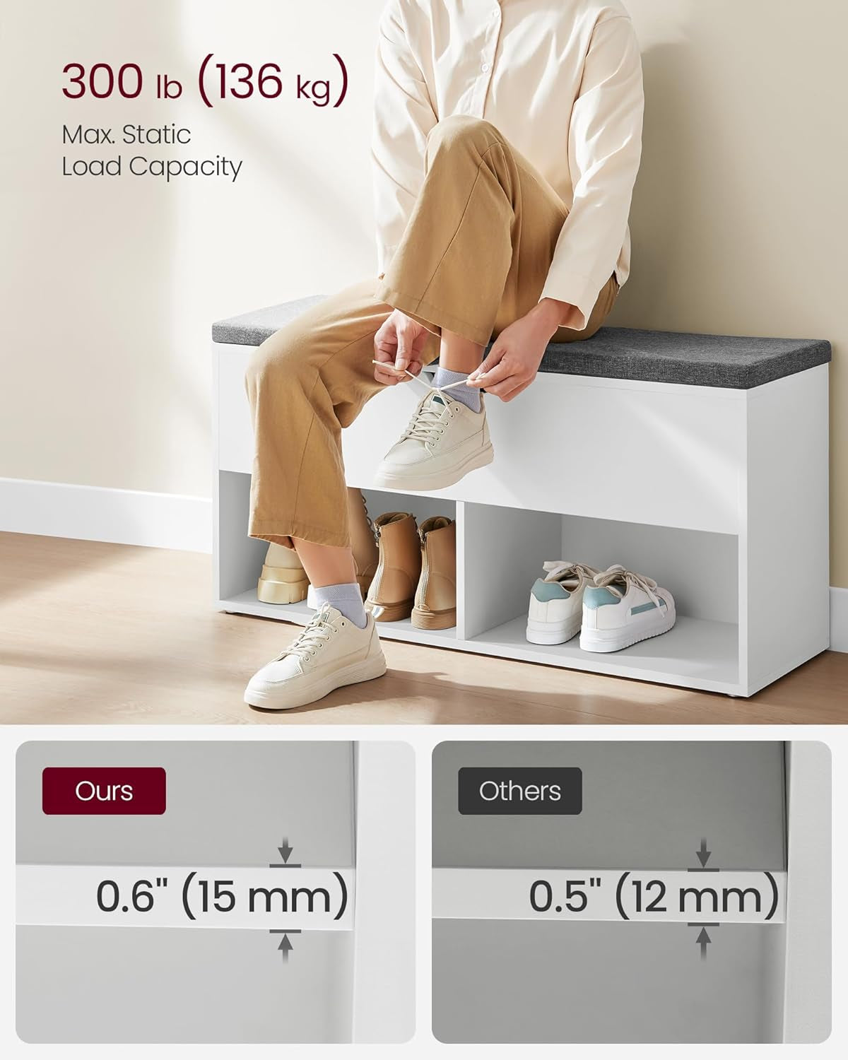Shoe Storage Bench with Cushion, Entryway Shoe Rack Bench with Storage, 2 Open and 1 Hidden Compartments, for Living Room, Bedroom, White and Gray ULHS021W01