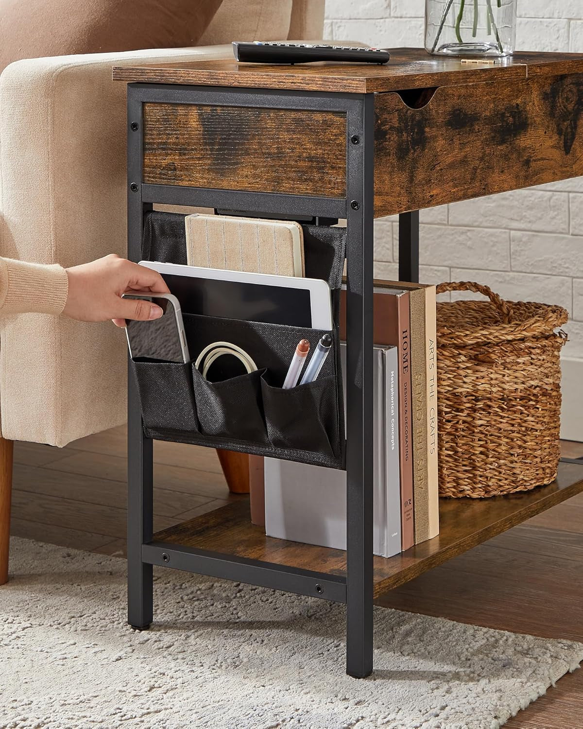 Side Tables with Storage, Set of 2 End Tables with USB Ports and Outlets, Nightstands with Charging Stations, Fabric Bags, for Living Room, Bedroom, Rustic Brown and Black ULET315B01V1