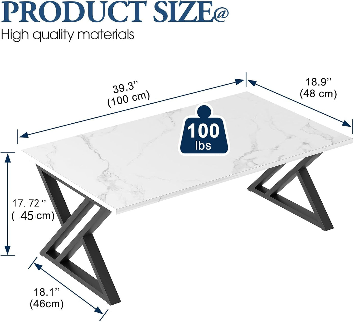 Coffee Table White Living Room Center Table, Simple Modern Faux Marble Rectangular Tea Table with Sturdy Black Metal Frame,Industrial Wooden Coffee Table for Bedroom Home Office