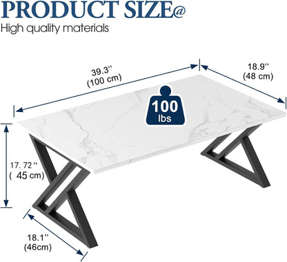 Coffee Table White Living Room Center Table, Simple Modern Faux Marble Rectangular Tea Table with Sturdy Black Metal Frame,Industrial Wooden Coffee Table for Bedroom Home Office