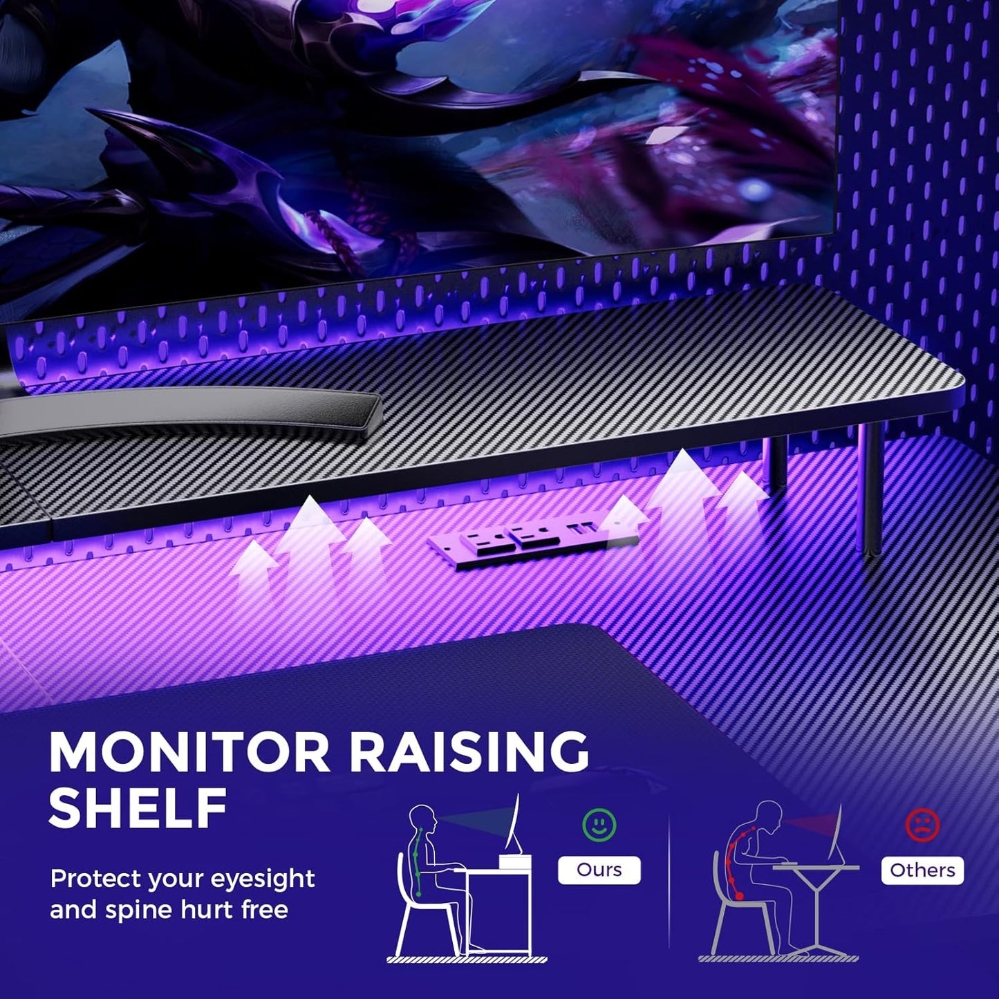 Gaming Desk with LED Lights, 55 Inch Large Computer Gamer Desk with Monitor Stand & Power Outlet, Ergonomic Carbon Fiber Surface Gaming Table with Mouse Pad for Home Office, Carbon Black