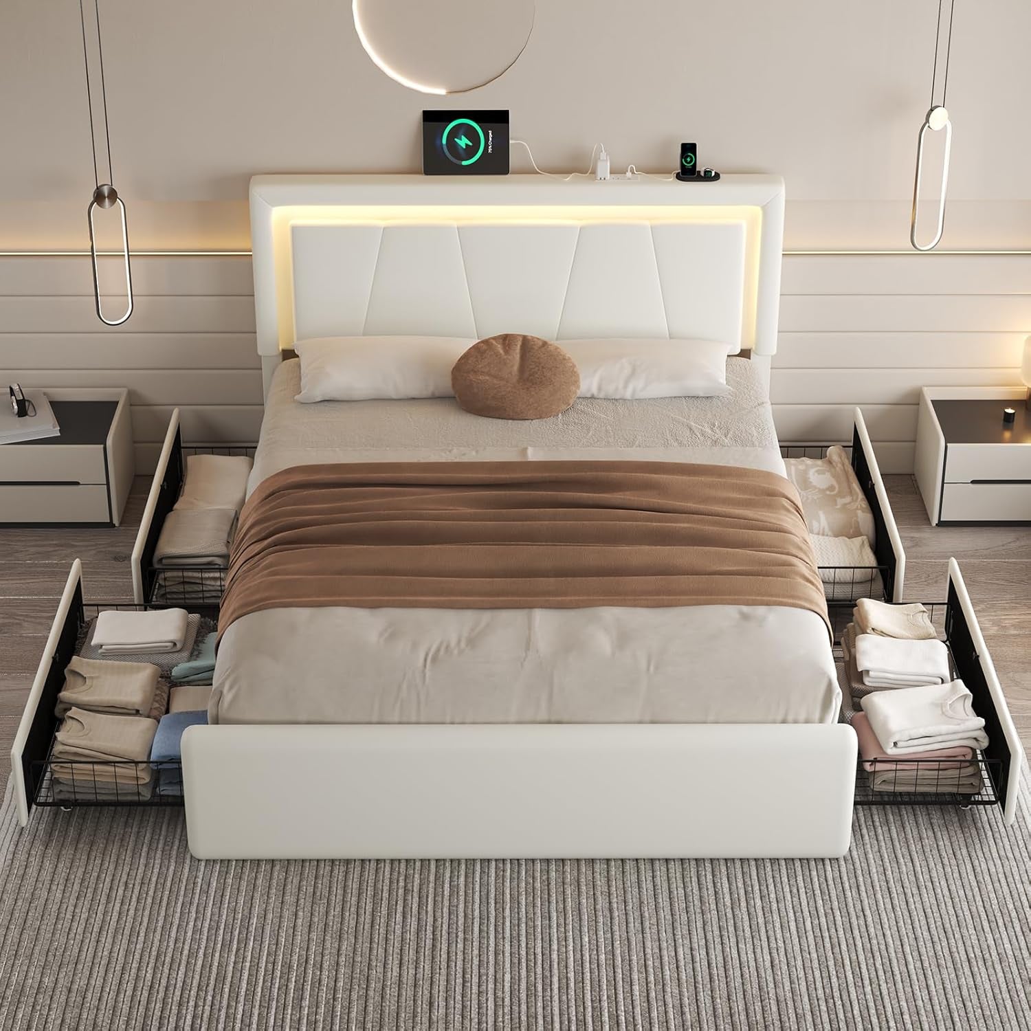 Queen Size Bed Frame with 4 Storage Drawers, Charging Station and LED Light, Adjustable Upholstered Headboard, Noise-Free, No Box Spring Needed, Easy Assembly, White