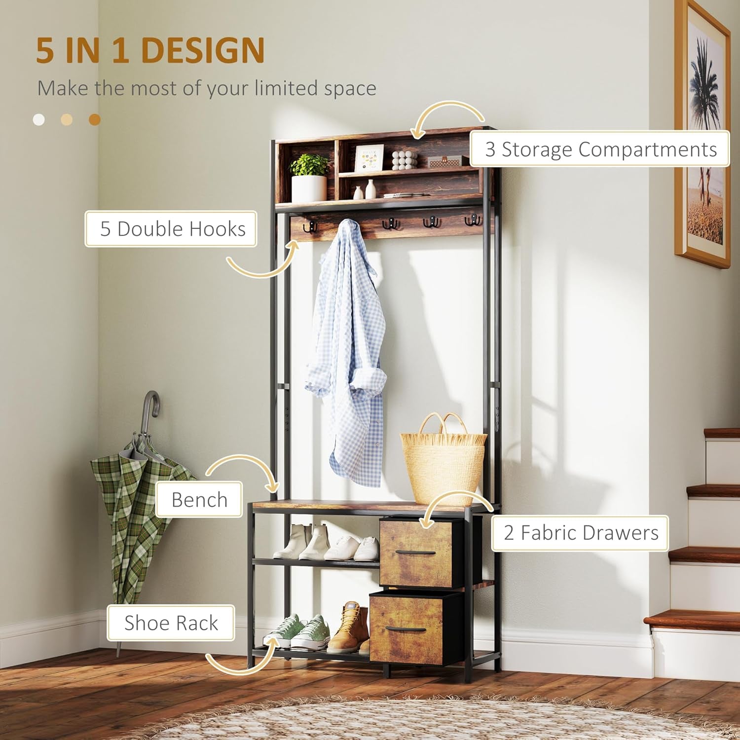 Hall Tree with Bench and Shoe Storage, 5-In-1 Entryway Bench with Coat Rack, 3 Storage Compartments, 5 Coat Hooks, 2 Fabric Drawers, Distressed Dark Brown