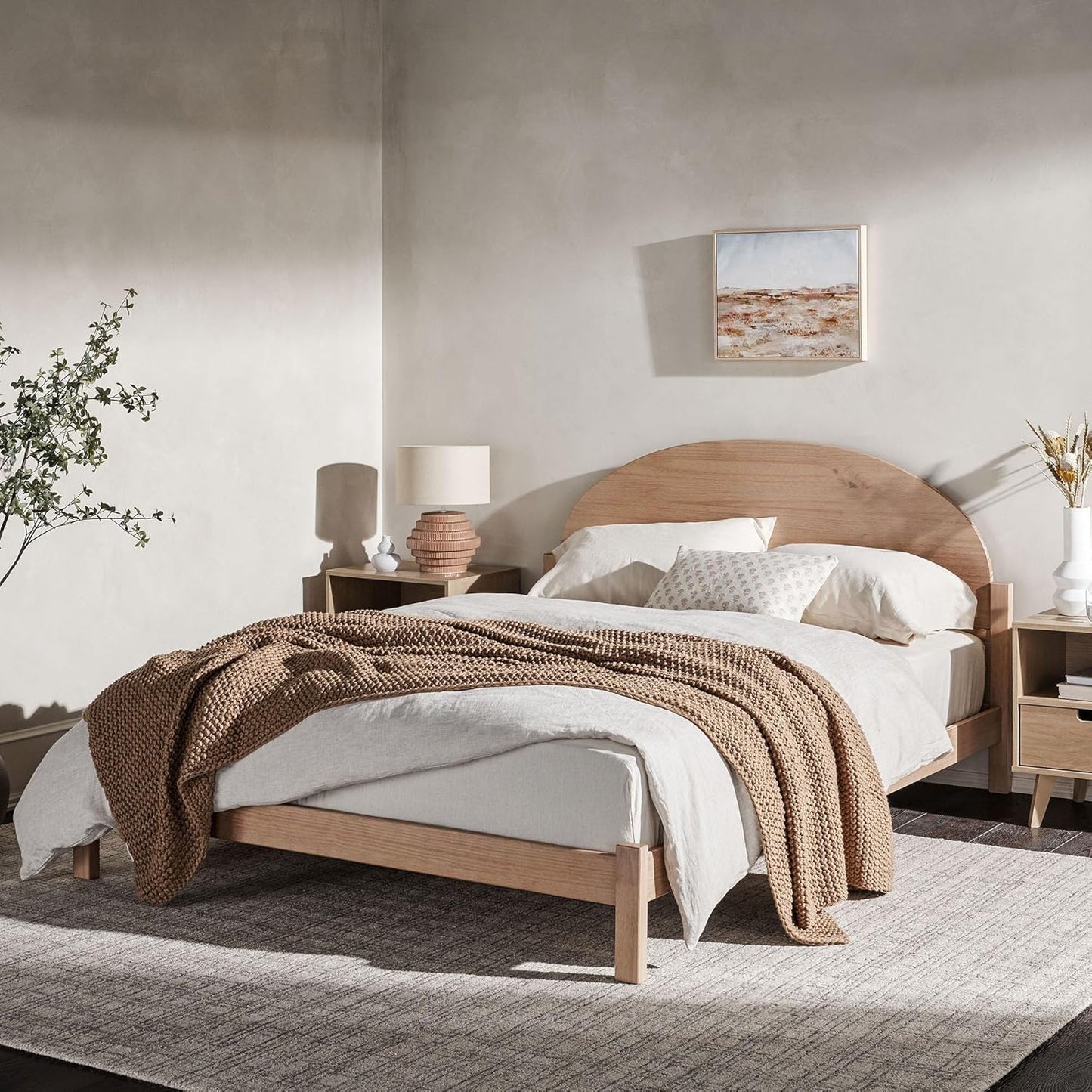 Queen Boho Arched Headboard Solid Wood Bed, Queen Size, Cerused White