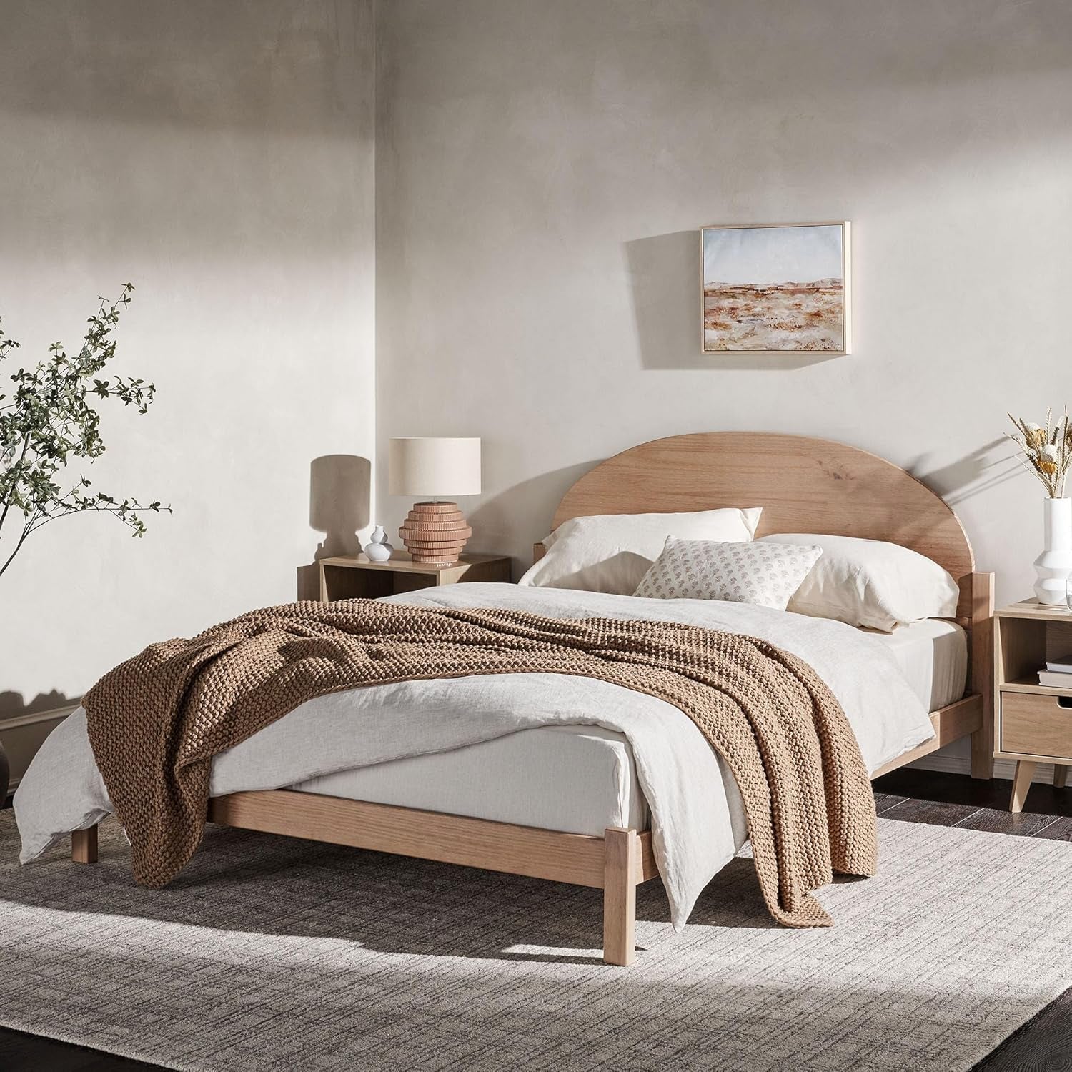 Queen Boho Arched Headboard Solid Wood Bed, Queen Size, Cerused White