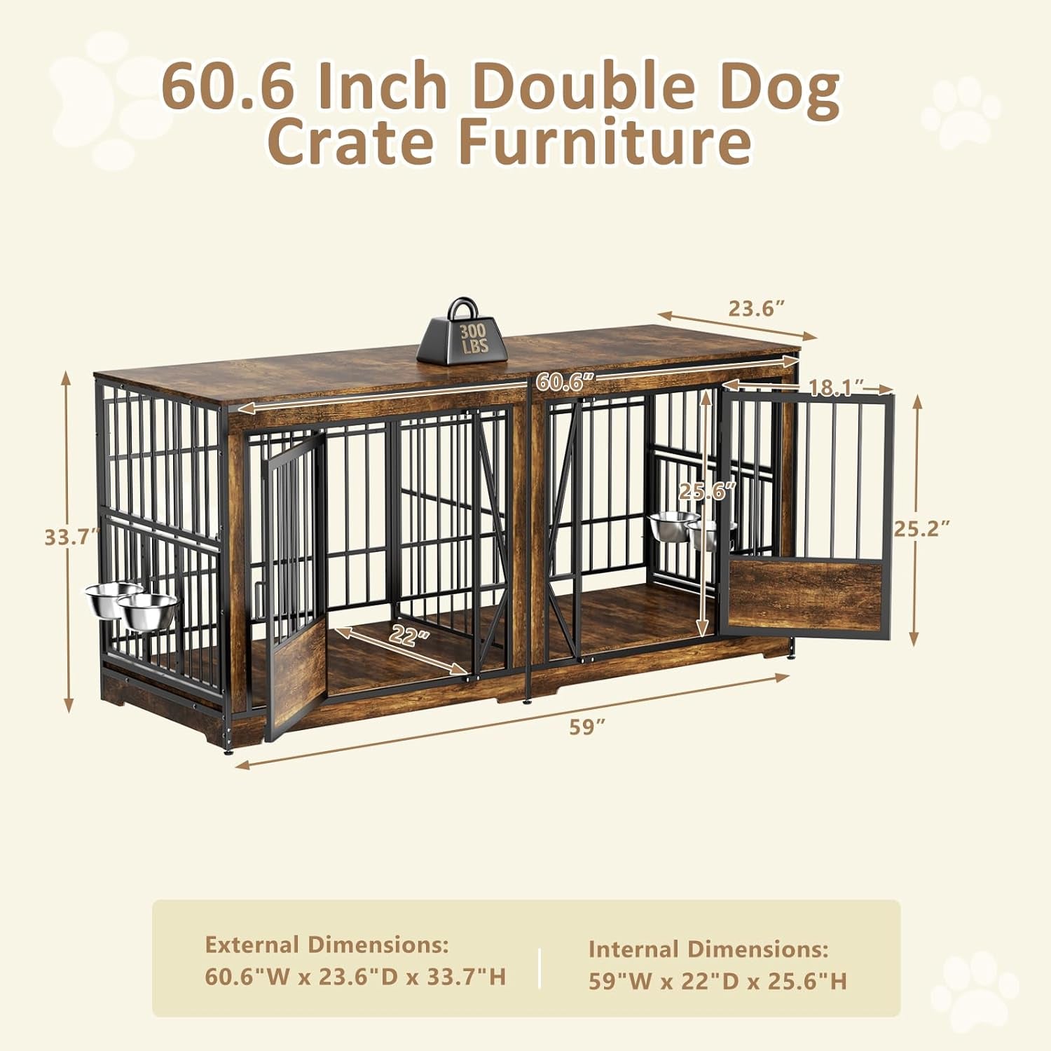 61'' Double Dog Cage Furniture for 2 Dogs, TV Stand Dog Kennel with Adjustable Divider, Heavy Duty Double Dog Crate Furniture Indoor with 4 Bowls, XL Dog Crate End Table for Medium Small Breed, Brown