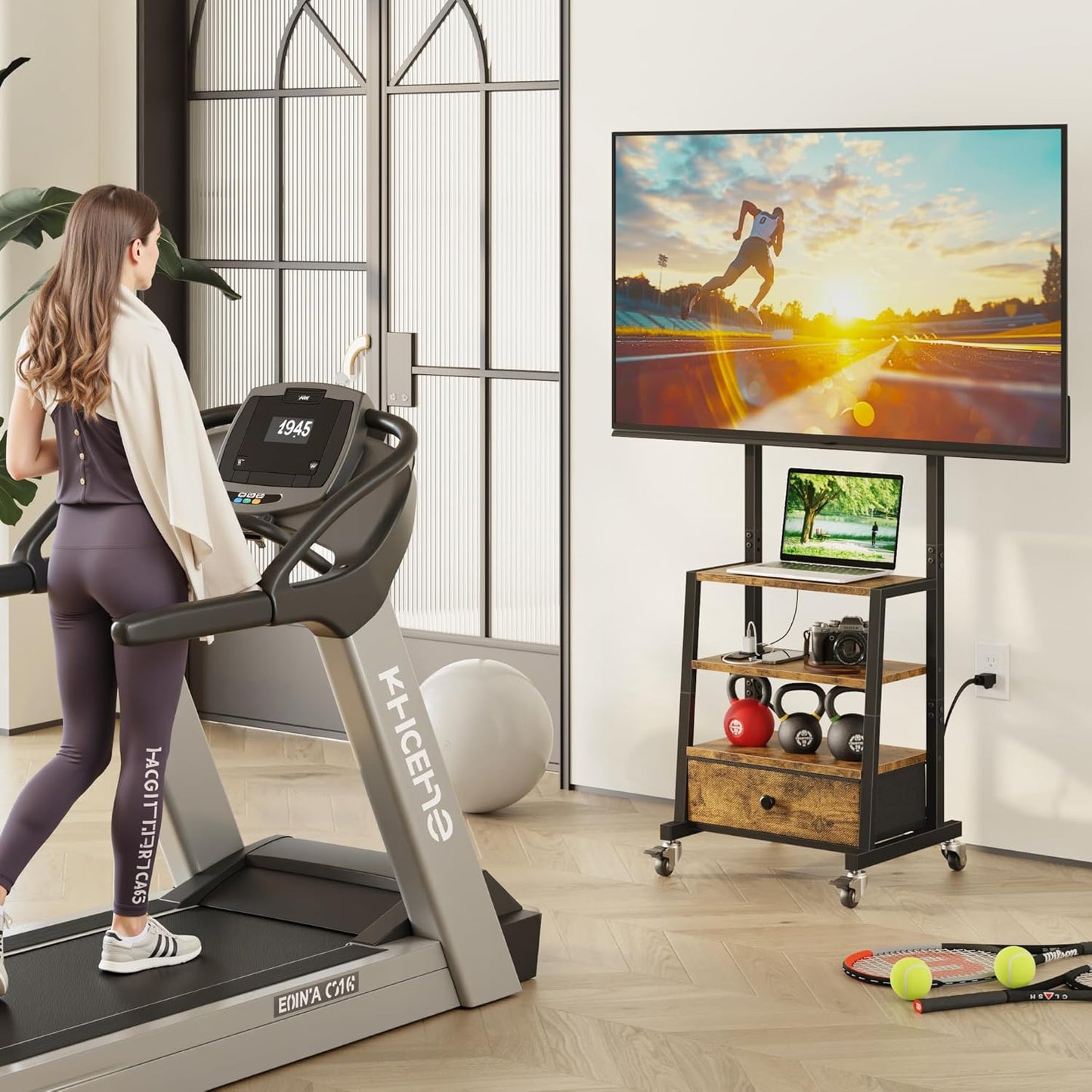 Rolling TV Stand with Wheels and Mount & Fabric Drawer - Entertainment Center with Power Outlet and Small TV Stand for Bedroom, Living Room - 15" Rustic Brown