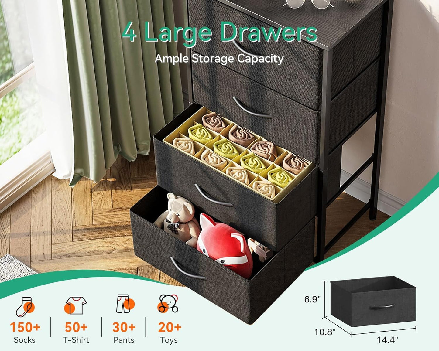 Dresser for Bedroom with 4 Storage Drawers, Small Dressers Chest of Drawers Fabric Dresser with Sturdy Steel Frame, Black