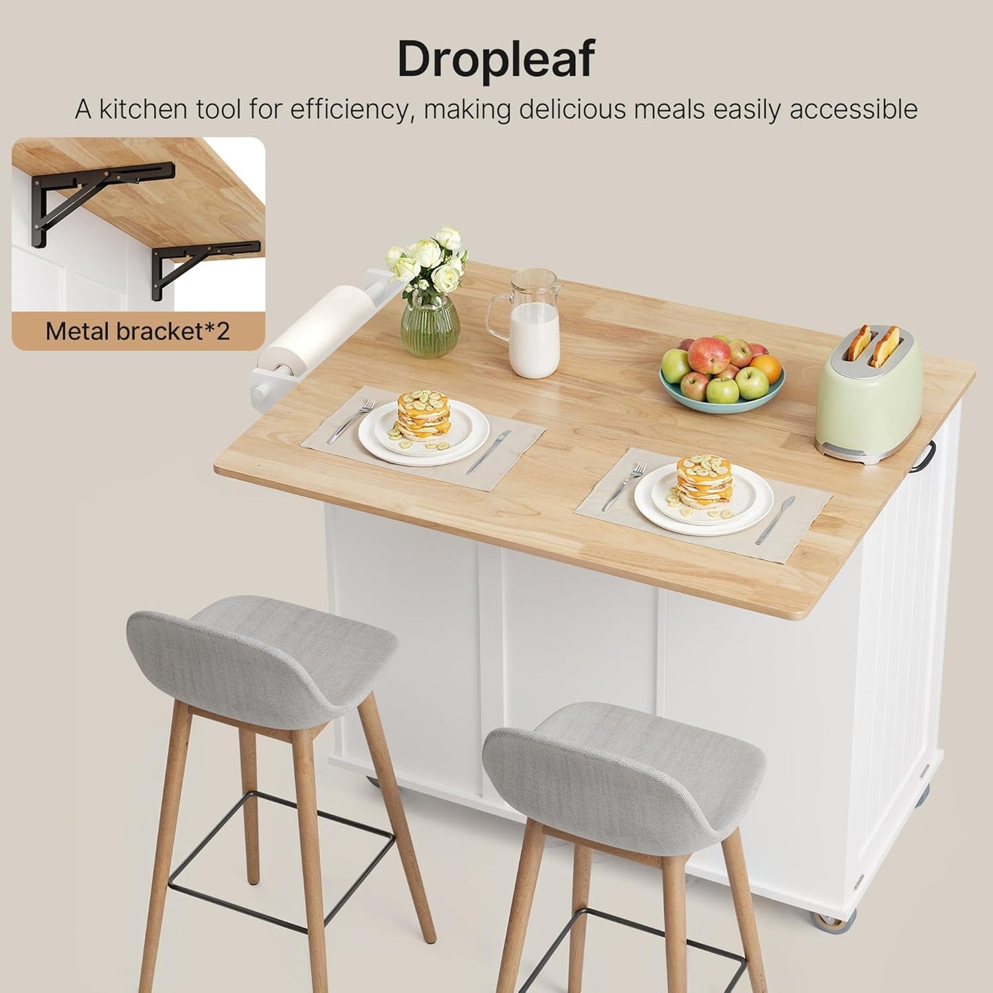 Kitchen Island with Storage, 44.49" Kitchen Island with Trash Can Storage, Drop Leaf Rubberwood Top, Knife Holder, Adjustable Shelf, Towel Bar, Drawer, Spice Rack, White