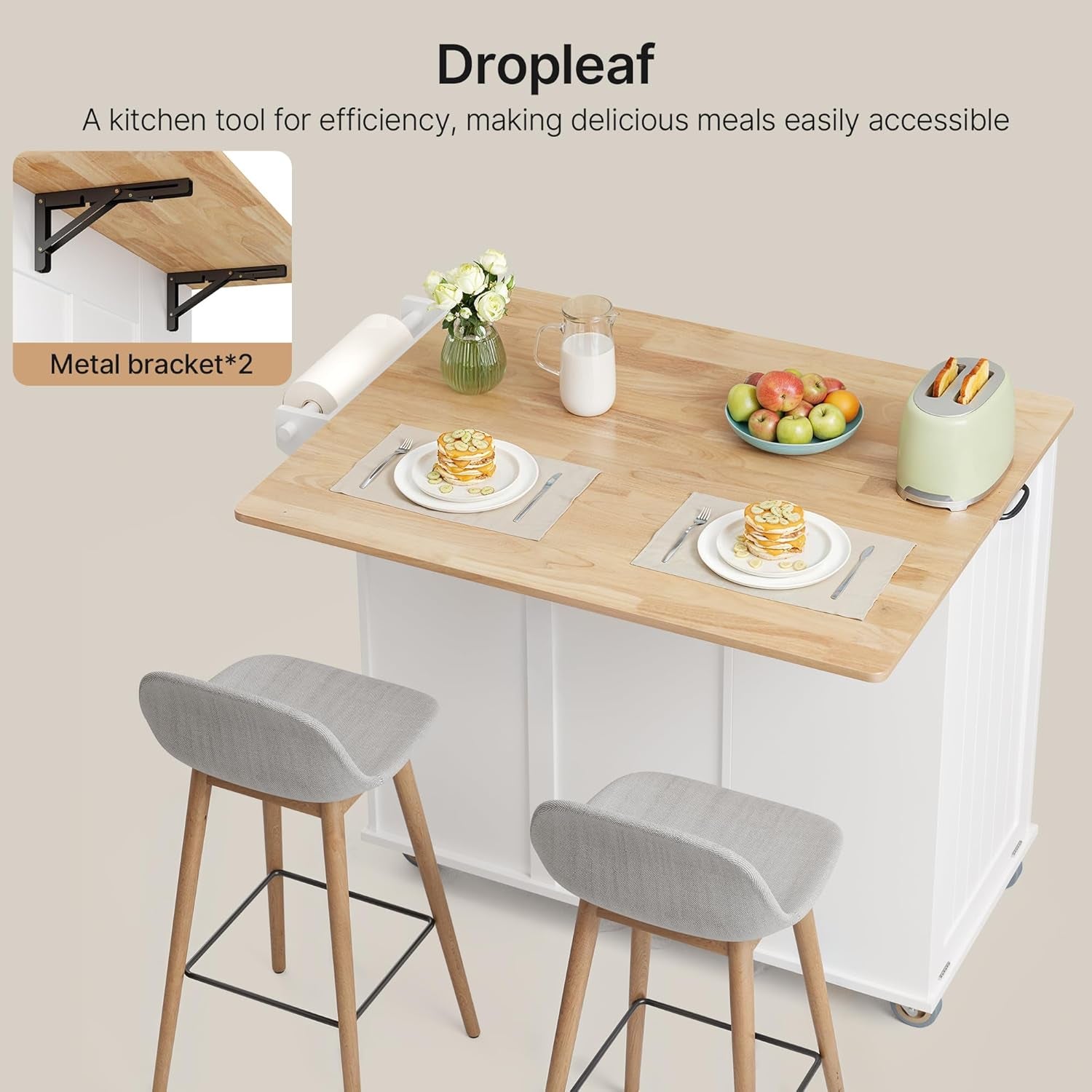 Kitchen Island with Storage, 44.49" Kitchen Island with Trash Can Storage, Drop Leaf Rubberwood Top, Knife Holder, Adjustable Shelf, Towel Bar, Drawer, Spice Rack, White