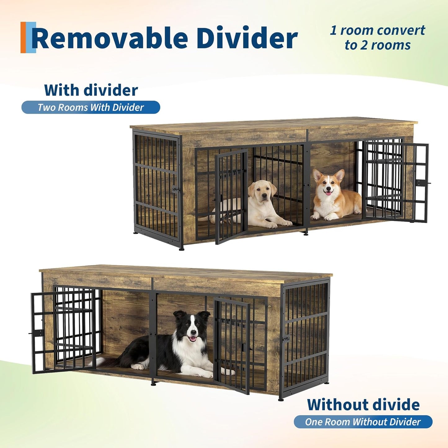 63" Heavy Duty Dog Crate Furniture, Dog Cage Furniture with Divider,Wooden Kennel Indoor TV Stand End Table for Large/Medium Dogs, Rustic Brown