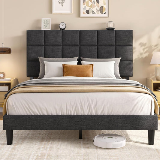 Queen Platform Bed Frame with Linen Upholstered Adjustable Tall Headboard, No Box Spring Needed, Anti-Noise EVA Sponge, Easy Assembly, One-Box Shipping, 7.5 Inch under Bed Storage, Dark Grey