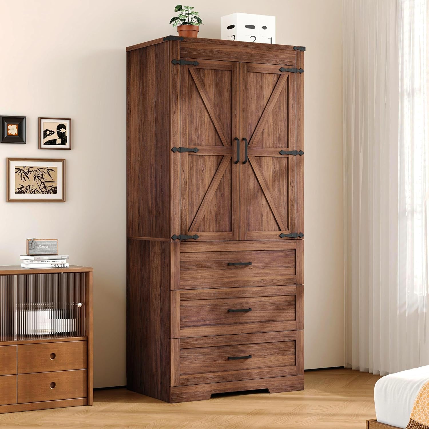 70" Tall Wardrobe Closet with 2 Doors & 3 Drawers, Farmhouse Armoire with Hanging Rod, Wooden Armoire Wardrobe Closet for Bedroom, Freestanding Clothing Storage Cabinet, Brown