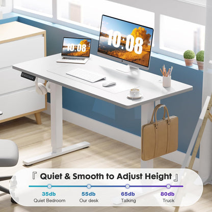 Electric Standing Desk Adjustable Height, 55X24 Inch Sit Stand up Home Office Desks Computer Workstation PC Work Table with 3 Memory Preset Splice Wood Board Metal Frame, White