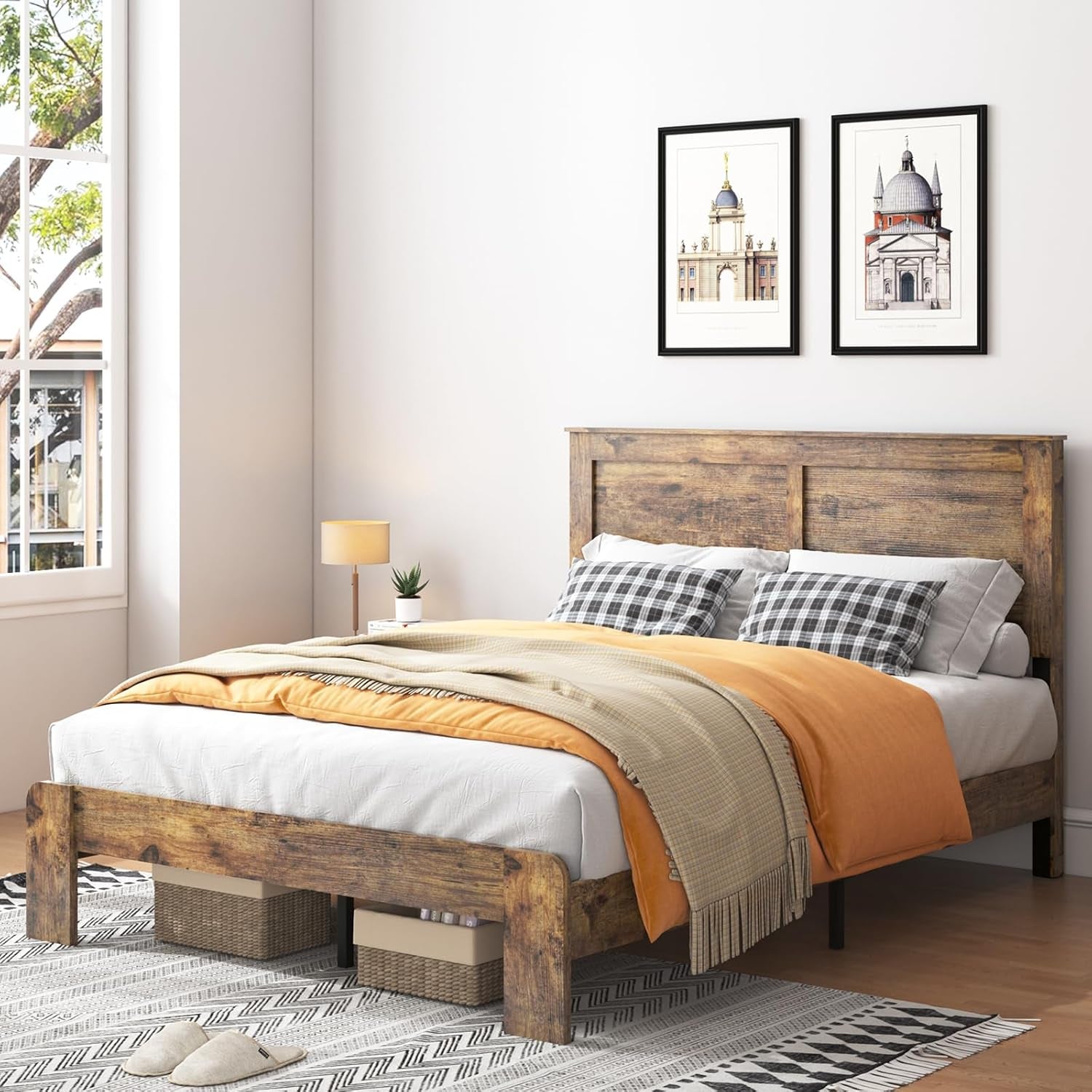 Wood Queen Bed Frame with Headboard, Rustic Farmhouse Platform Bed Frame with 12 Wood Slats Support, No Box Spring Needed, Easy Assembly (Vintage Brown, Queen)