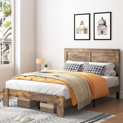 Wood Queen Bed Frame with Headboard, Rustic Farmhouse Platform Bed Frame with 12 Wood Slats Support, No Box Spring Needed, Easy Assembly (Vintage Brown, Queen)