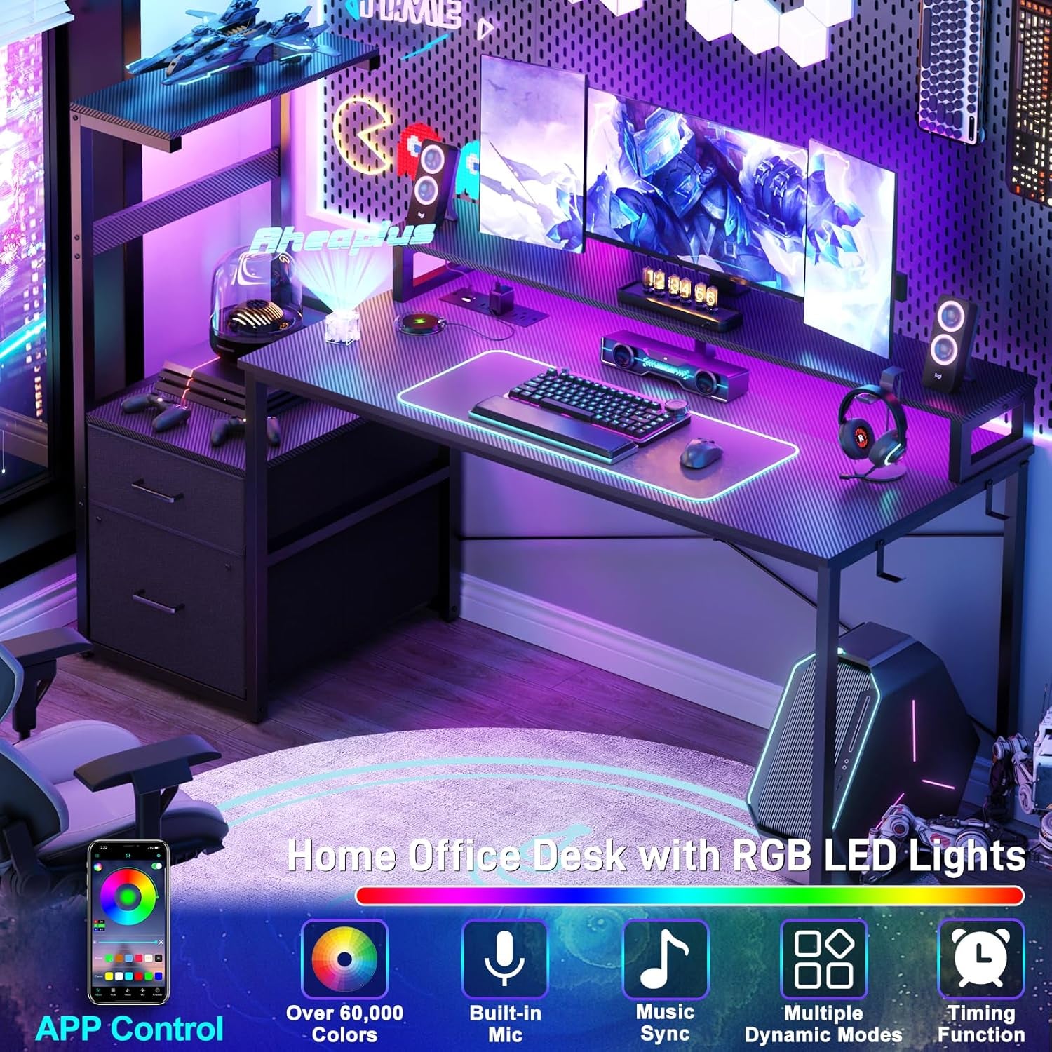 Gaming Desk with LED Strip & Power Outlet, 59Inch Reversible Computer Desk with Monitor Stand & Storage Shelves, Home Office Desks with Fabric File Drawer, PC Gamer Table, Carbon Fiber Black
