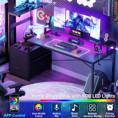 Gaming Desk with LED Strip & Power Outlet, 59Inch Reversible Computer Desk with Monitor Stand & Storage Shelves, Home Office Desks with Fabric File Drawer, PC Gamer Table, Carbon Fiber Black