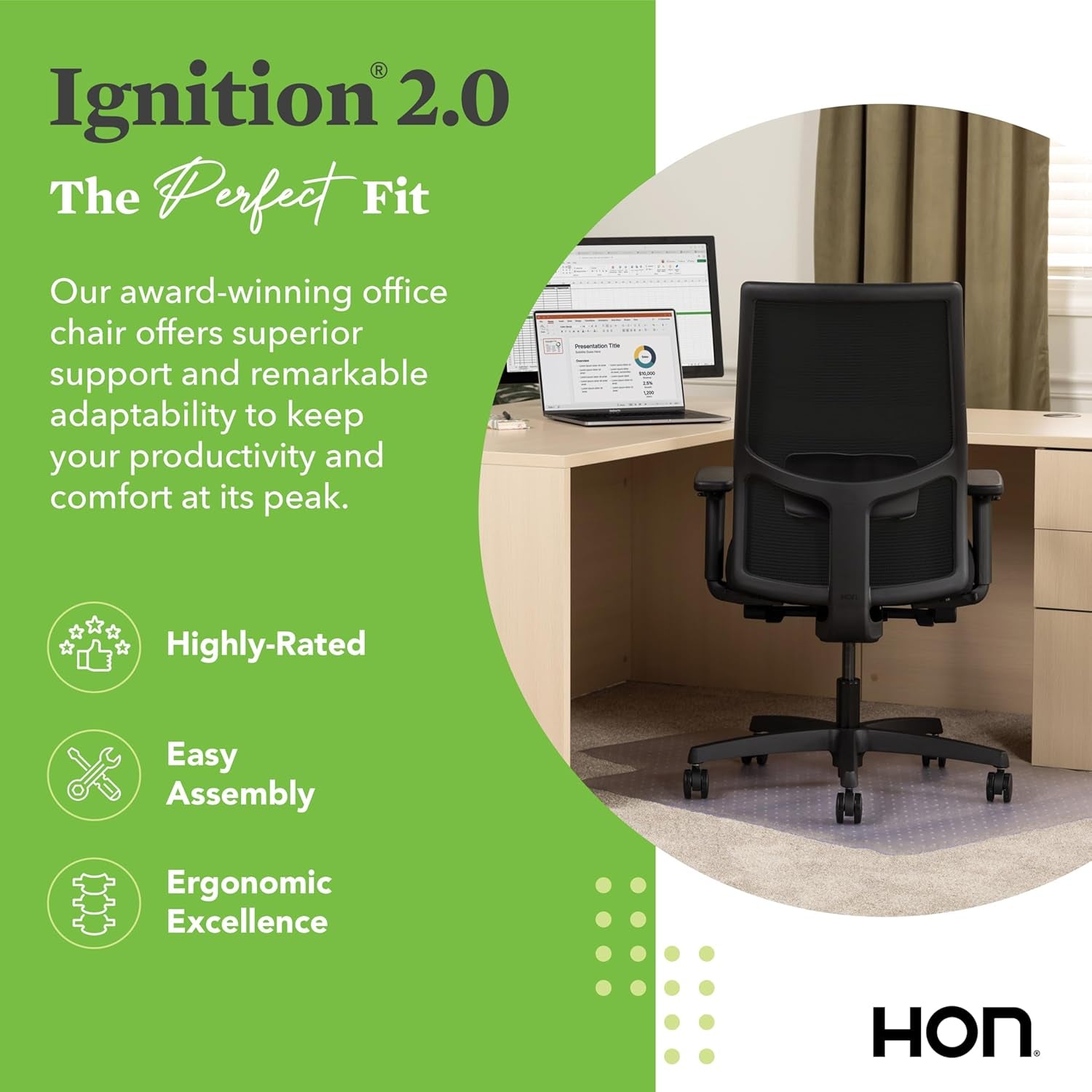 Ignition 2.0 Mid Back Task Chair, Advanced Synchro-Tilt Control, Office Chair with Lumbar Support, Height and Width Adjustable Arms, Black Frame, Black