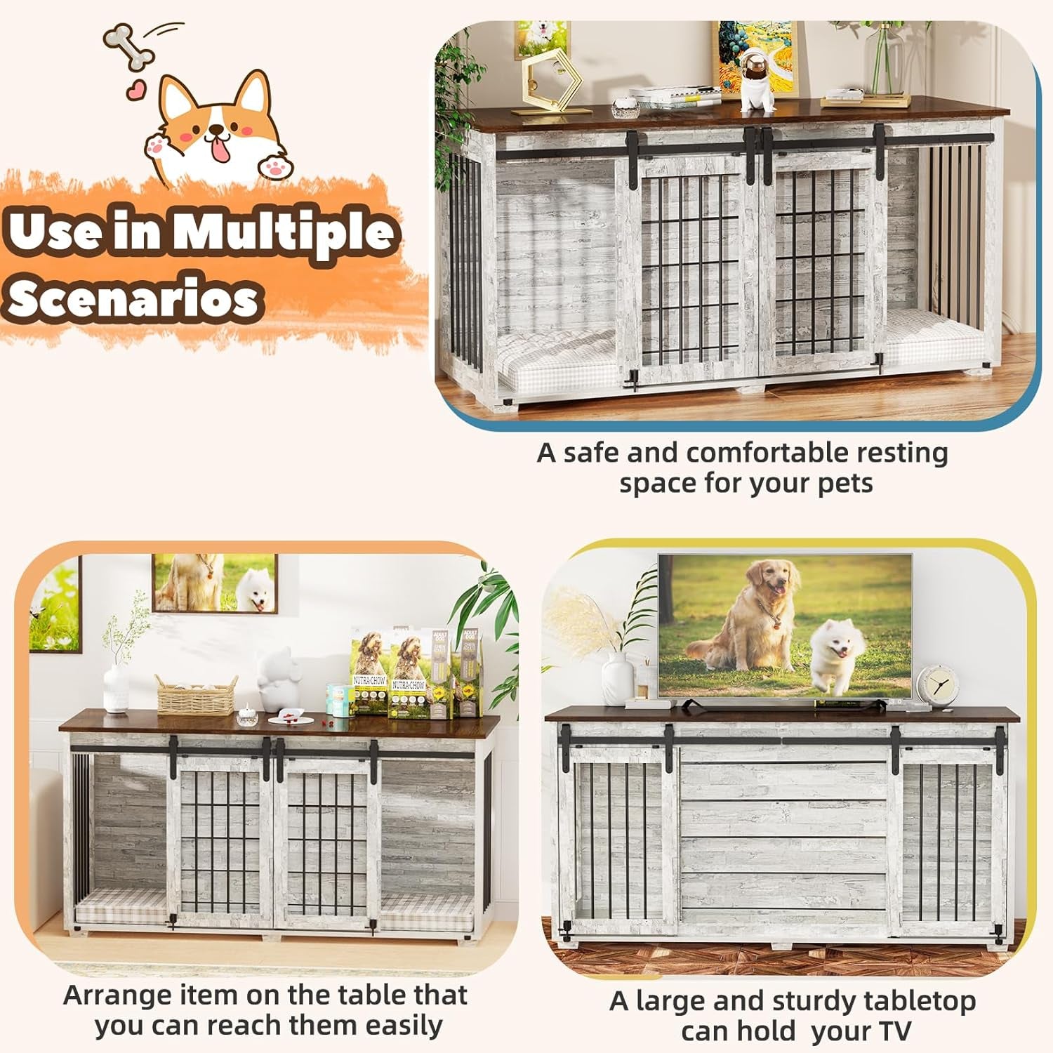 Dog Crate Furniture, 63''Wooden Dog Kennel with Removable Divider and Sliding Door, Dog Crates with Double Rooms, Heavy Duty Dog Crate Table Indoor TV Stand for Small Medium Large Dogs