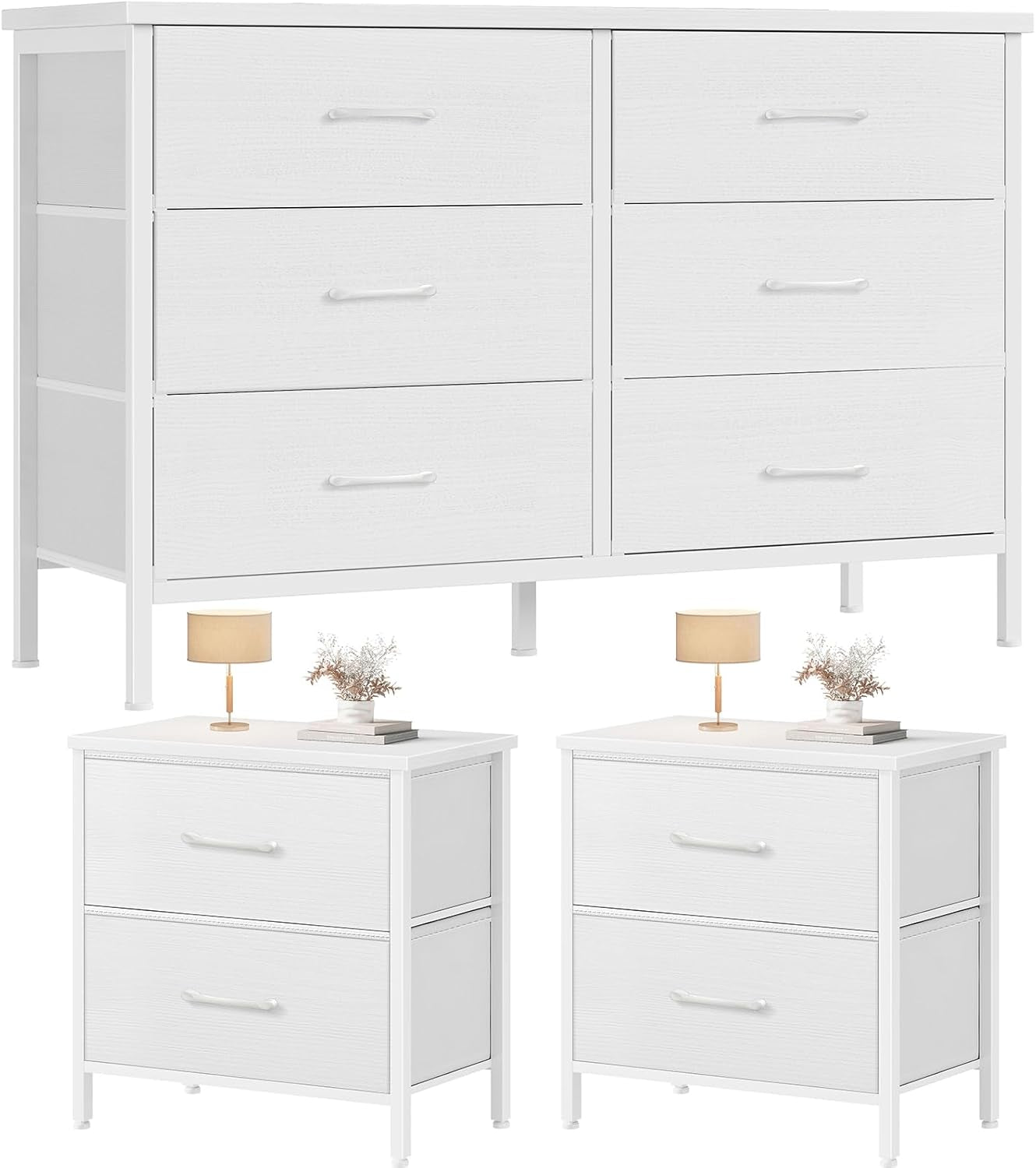 Dresser and Nightstand Set 3 Piece White Dresser with 6 Fabric Drawers for Bedroom Sets Modern