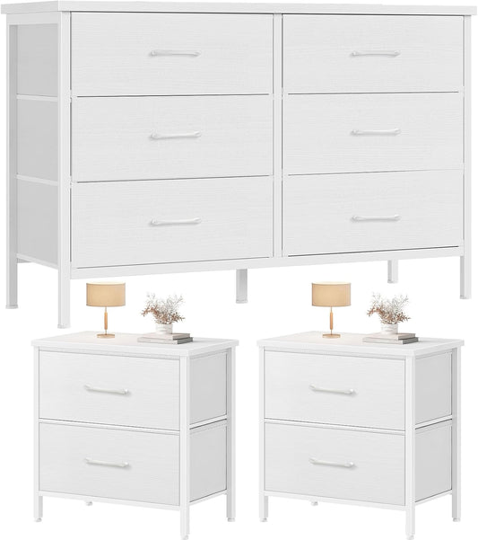 Dresser and Nightstand Set 3 Piece White Dresser with 6 Fabric Drawers for Bedroom Sets Modern