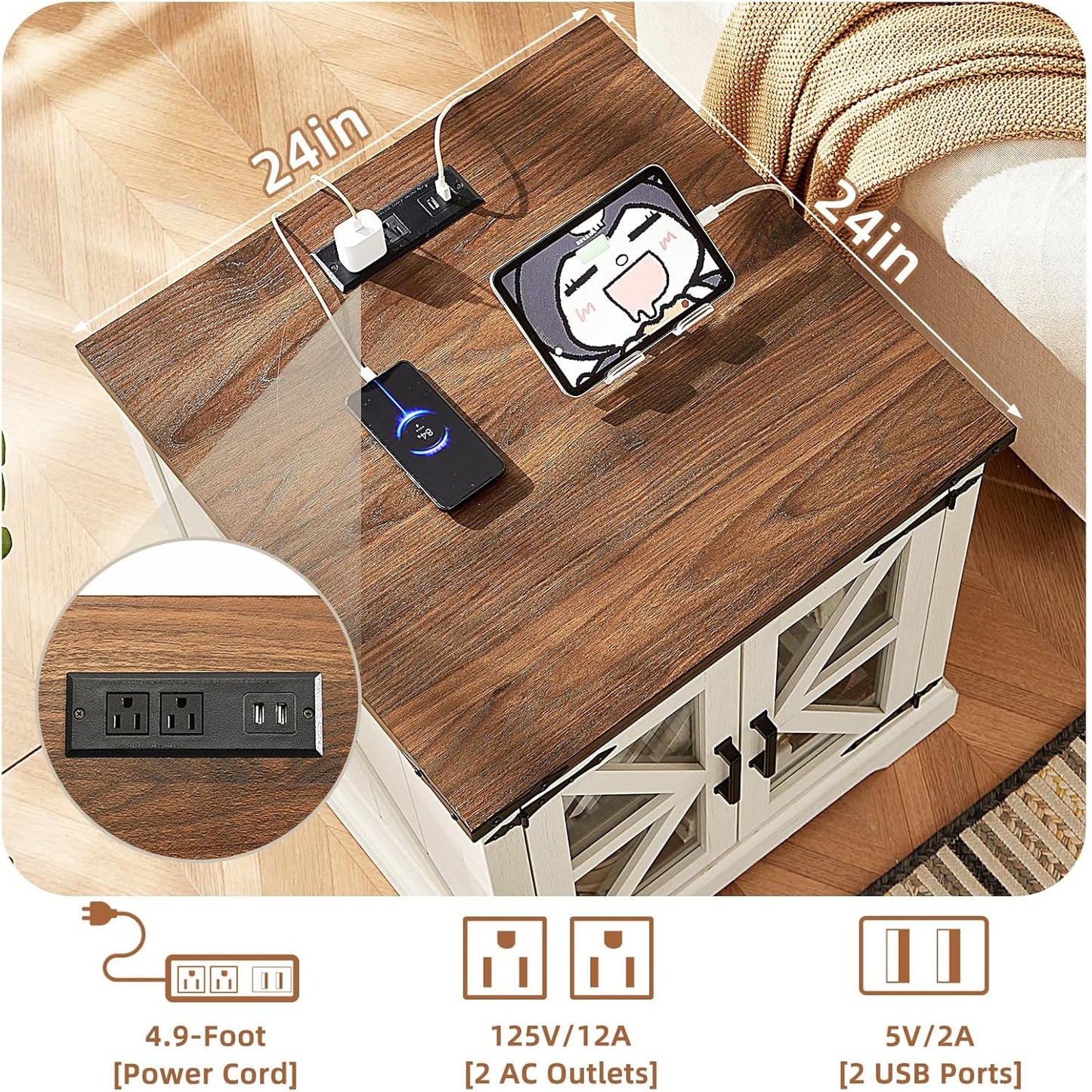 24" End Table with Charging Station, Farmhouse Night Stand with Glass Barn Door, White Nightstands with Adjustable Storage Shelf, Large Wood Square Bed Side Table for Living Room,Bedroom