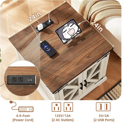 24" End Table with Charging Station, Farmhouse Night Stand with Glass Barn Door, White Nightstands with Adjustable Storage Shelf, Large Wood Square Bed Side Table for Living Room,Bedroom