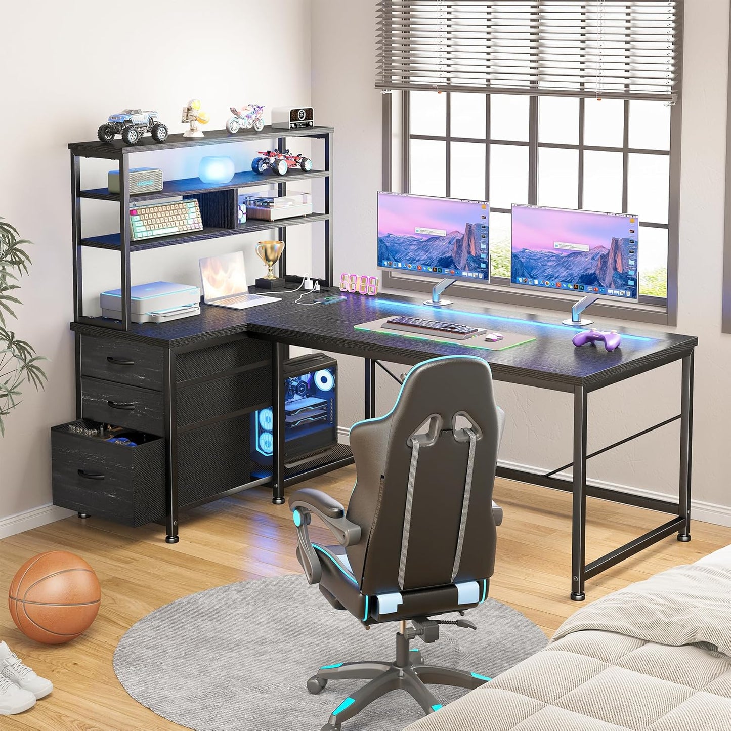 55''Gaming Desk L Shaped Desk with 3 Fabric Drawers & Shelf, Reversible Computer Desk with Remote LED Lights, Power Outlet of Home Office Desk for Bedroom,Dorm,Black