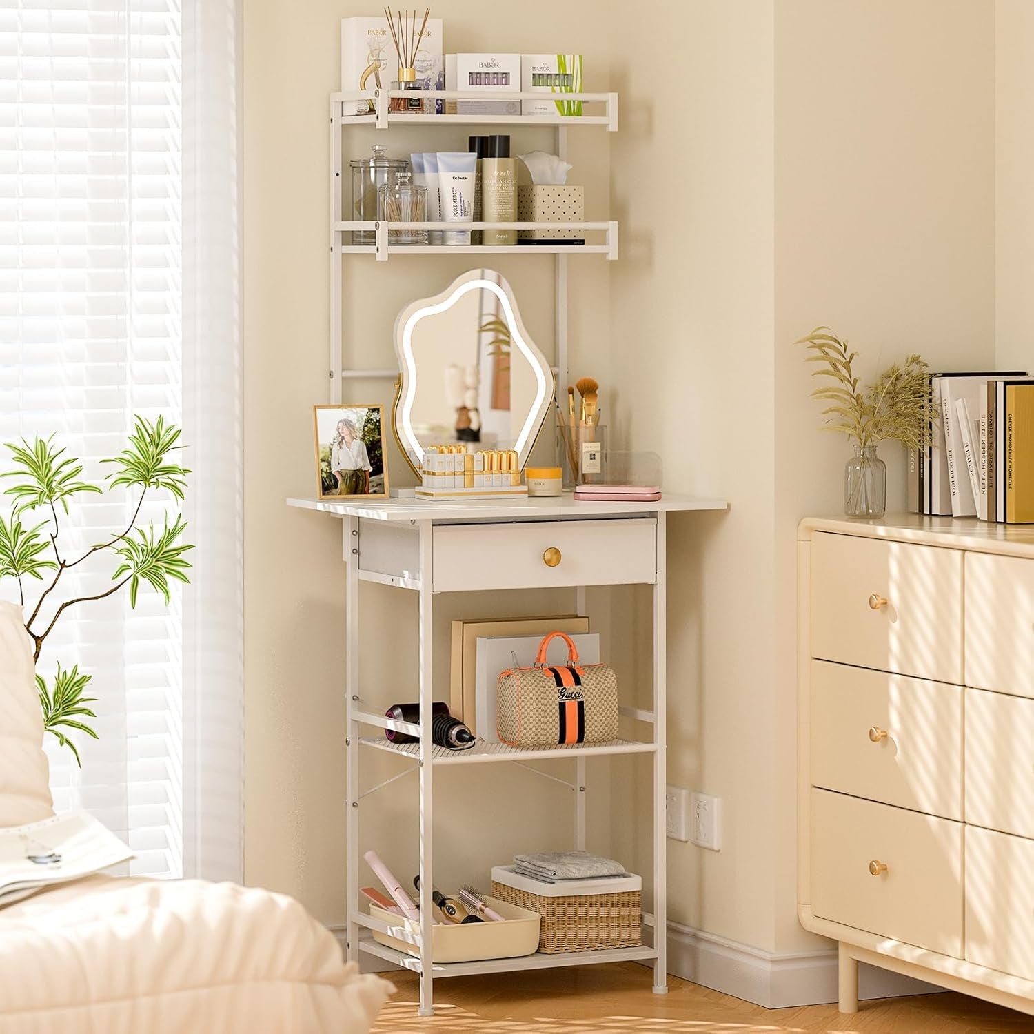 Small Vanity Desk without Mirror, Makeup Vanity Table for Small Space, Compact White Dressing Table with Fabric Drawers, Makeup Vanity with Storage for Bedroom, White, 23.6In（W）