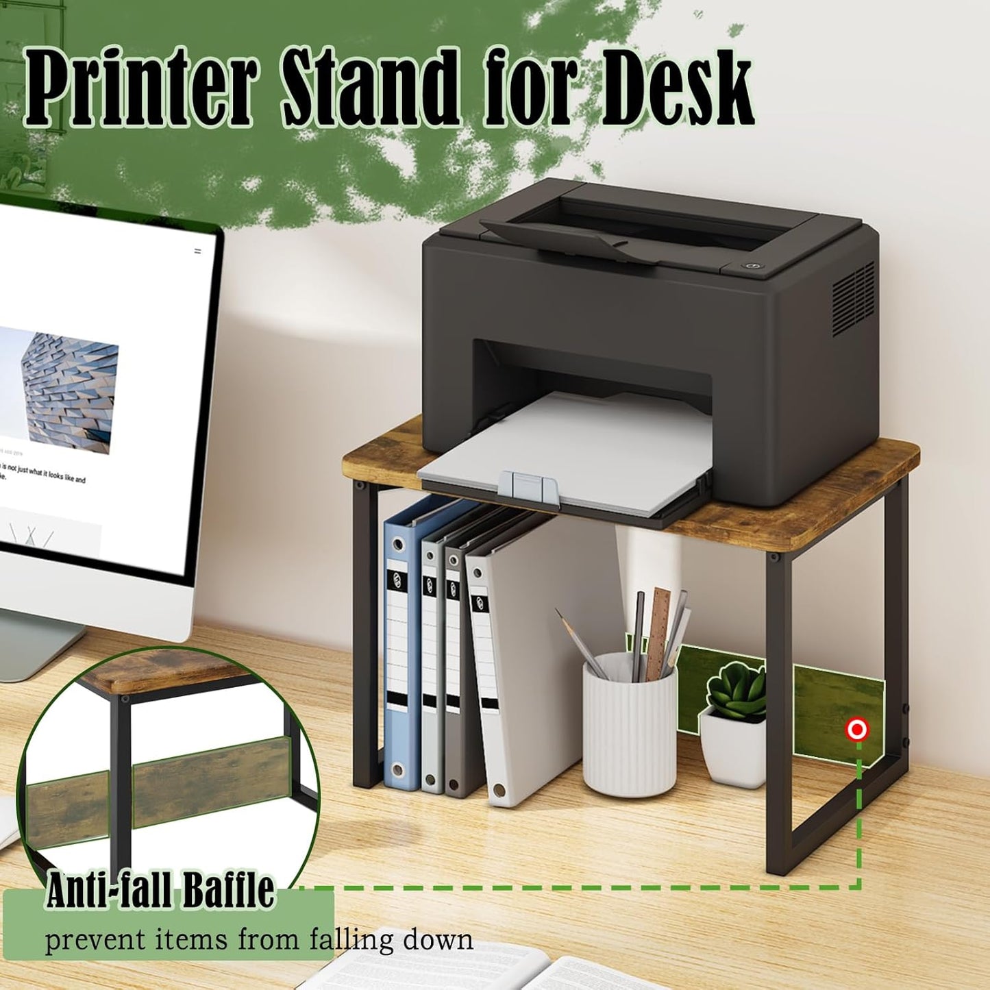 Printer Stand with Storage for Desk, Desktop Printer Stand Shelf Organzier for Home/Office Heavy Duty Printer Riser under Desk Small Printer Table for Fax Machine Copier Scanner(Rustic Brown)