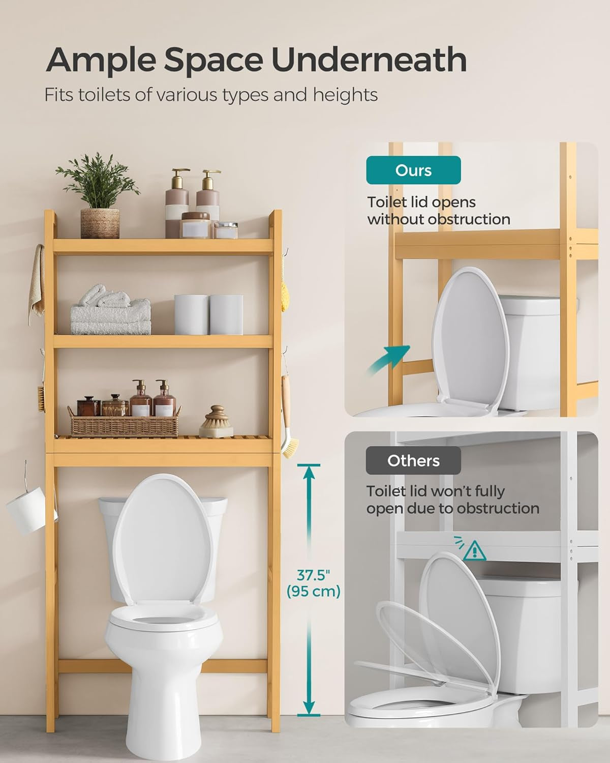 over the Toilet Storage, 3-Tier over Toilet Bathroom Organizer with Adjustable Shelf, 10.2 X 24.8 X 66.9 Inches, Space-Saving, Natural Beige UBTS001N01