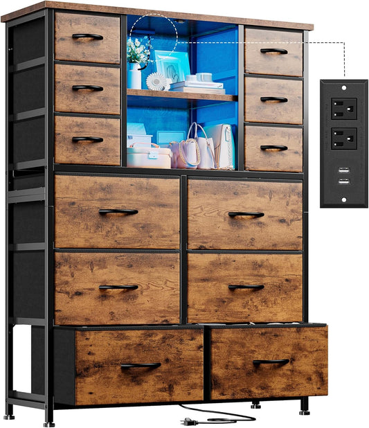 Dresser for Bedroom with Fabric Dresser, Charging Station & LED Light, Large Chest of Drawers for Living Room, Entryway, Metal Frame, Rustic Brown, 50.6" H X 37.8" W X 11.8" D