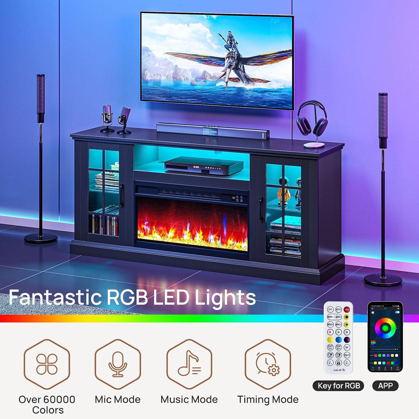 Fireplace TV Stand with Led and Power Outlets, Black Entertainment Center with 26" Electric Fireplace for 45/50/55/60/65 Inch Tvs, Modern TV Console with Storage Cabinet for Living Room