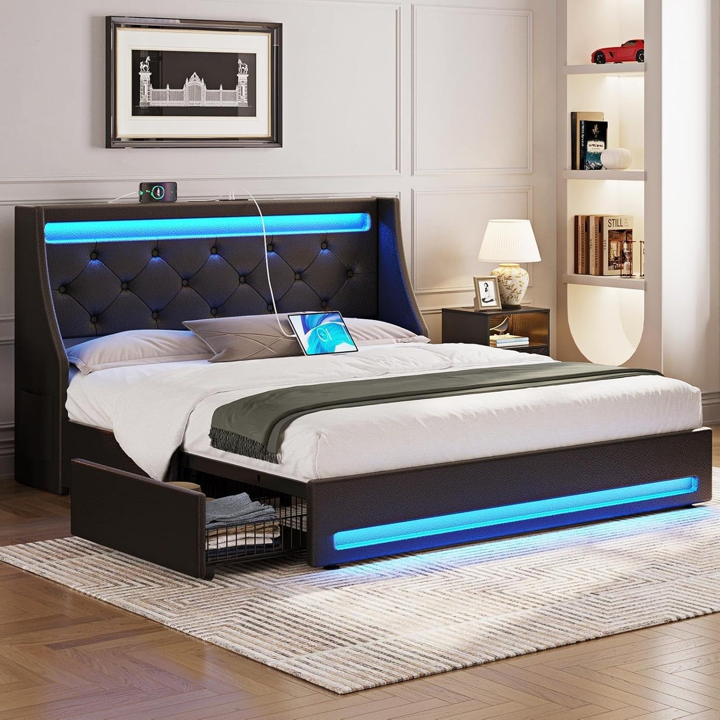 Full Bed Frame with LED Lights and Charging Station, PU Leather Bed with Drawers, Wooden Slats, Noise Free, Easy Assembly, Black