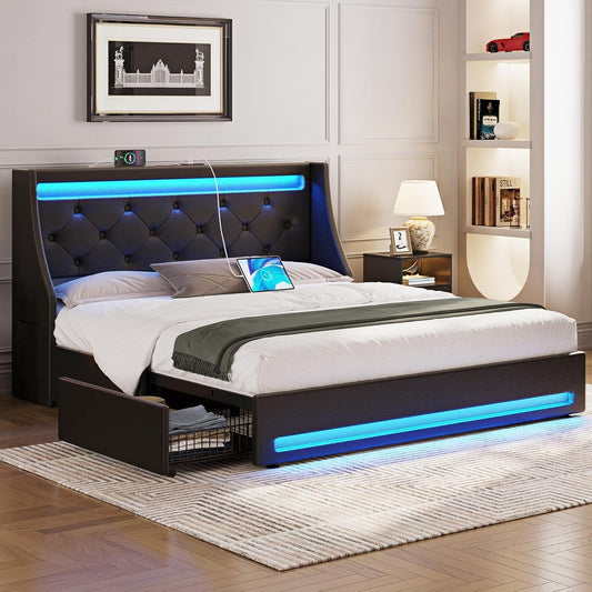 Full Bed Frame with LED Lights and Charging Station, PU Leather Bed with Drawers, Wooden Slats, Noise Free, Easy Assembly, Black