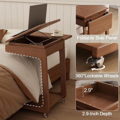 Solid Wood C Shaped End Table for Couch,Walnut C Table with Wheels,Small Side Table with Adjustable Desktop,Couch Desk with Storage,Rolling Tv Tray with Folding Shelf,Modern Bedside Table