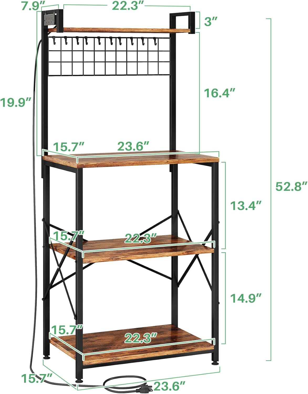 Bakers Rack with Power Outlet, Kitchen Shelves Microwave Stand with Wire Grid and 10 Hooks, 4 Tiers Coffee Stand (Rustic Brown, 23.5 X 15.6 X 52.8 Inches)