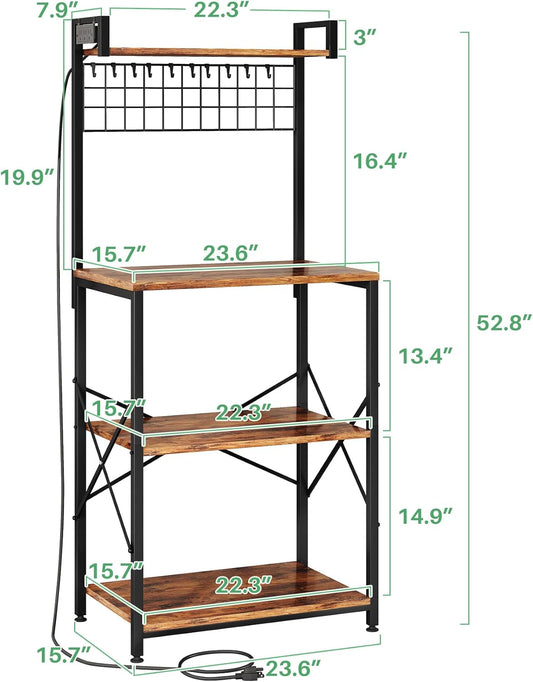 Bakers Rack with Power Outlet, Kitchen Shelves Microwave Stand with Wire Grid and 10 Hooks, 4 Tiers Coffee Stand (Rustic Brown, 23.5 X 15.6 X 52.8 Inches)